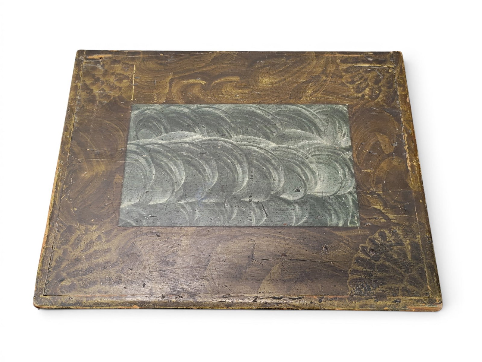 DECORATED BOX: American or European, 19th century, pine. Box with hinged lid and original green and blue paint decoration. 10.5" high, 19.25" wide, 14.25" deep. Provenance: from the collection of Diane Whyte Miller