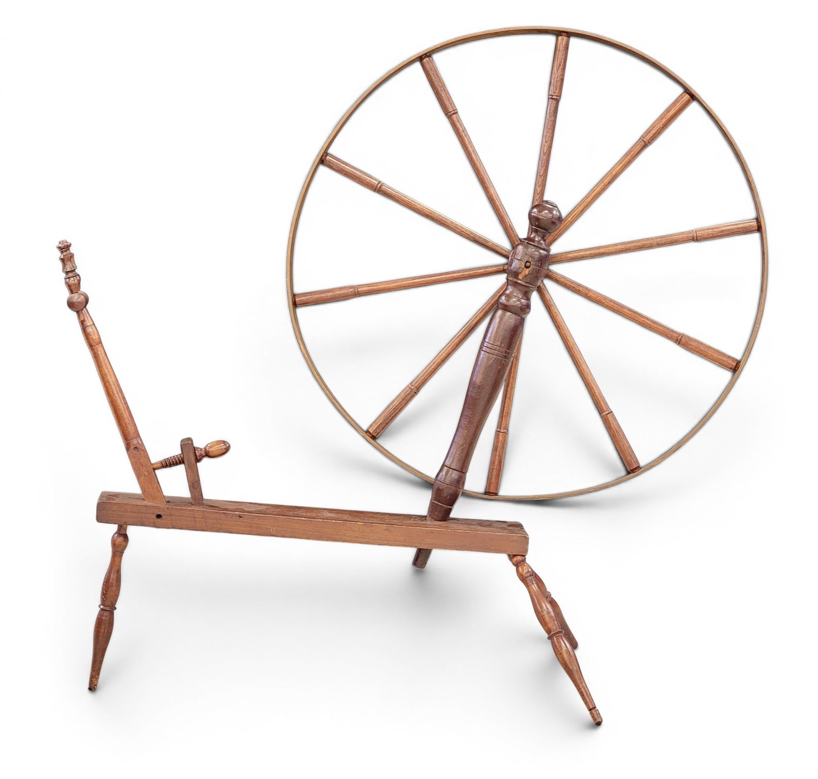 DATED 1869 WALKING WHEEL: American, 19th century, mixed woods. Initialed NCF and dated 1869. 60.5" high, 64.5" long. Provenance: from the collection of Diane Whyte Miller (Virginia). NOTE: We are happy to answer questions and 