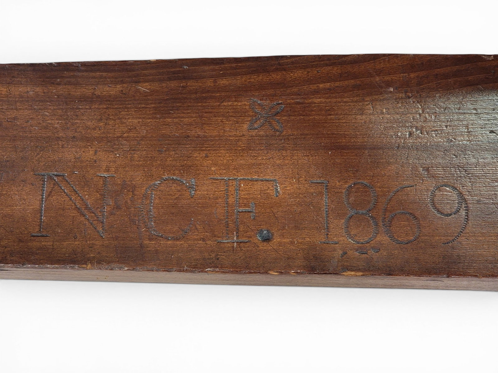 DATED 1869 WALKING WHEEL: American, 19th century, mixed woods. Initialed NCF and dated 1869. 60.5" high, 64.5" long. Provenance: from the collection of Diane Whyte Miller (Virginia). NOTE: We are happy to answer questions and 