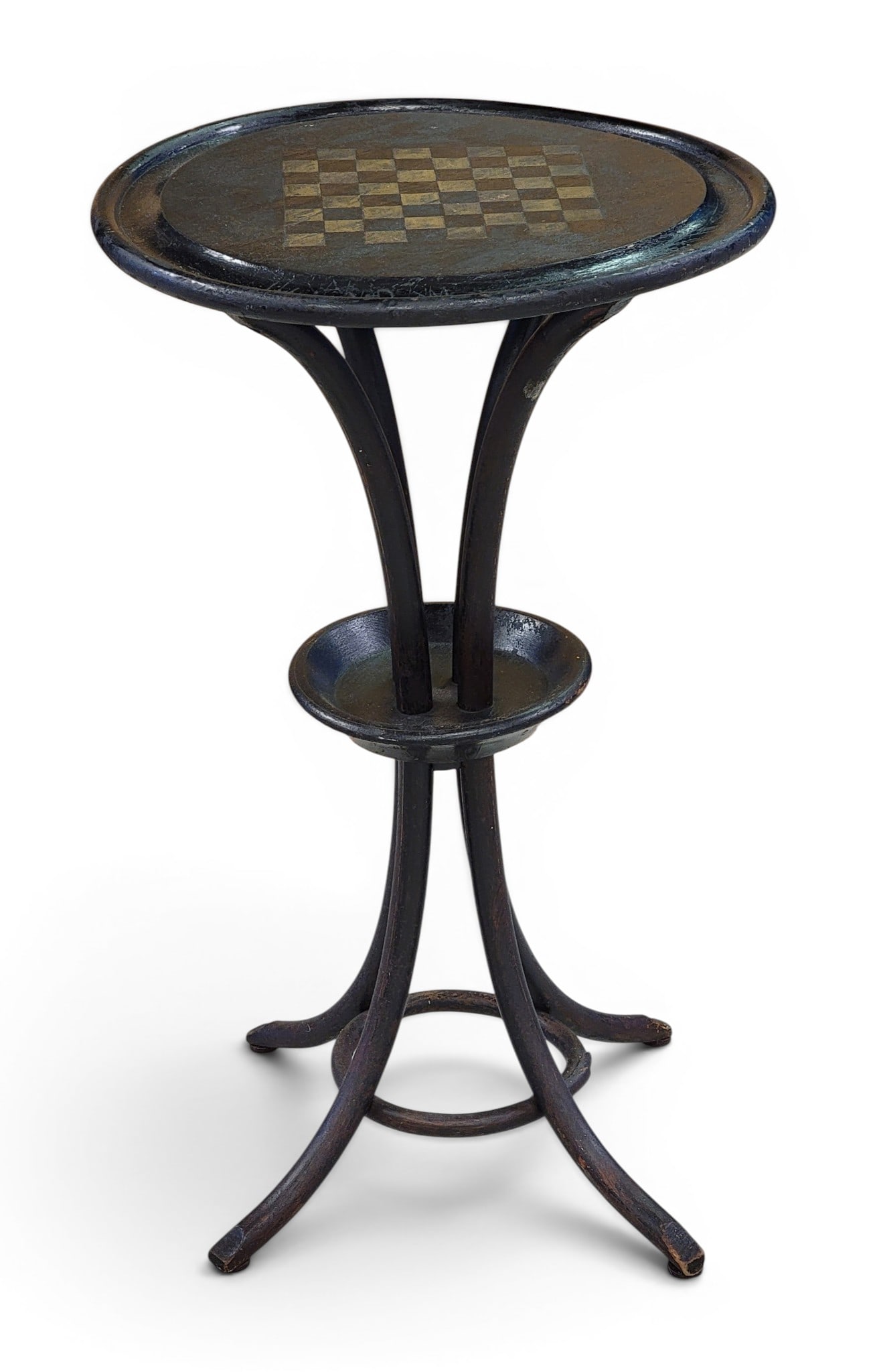DECORATED CANDLESTAND: American, 19th century. Folksy stand with round top and splayed legs, with early paint decoration including a checkerboard on the top surface. 29.25" high. Provenance: from the collection of Diane Why