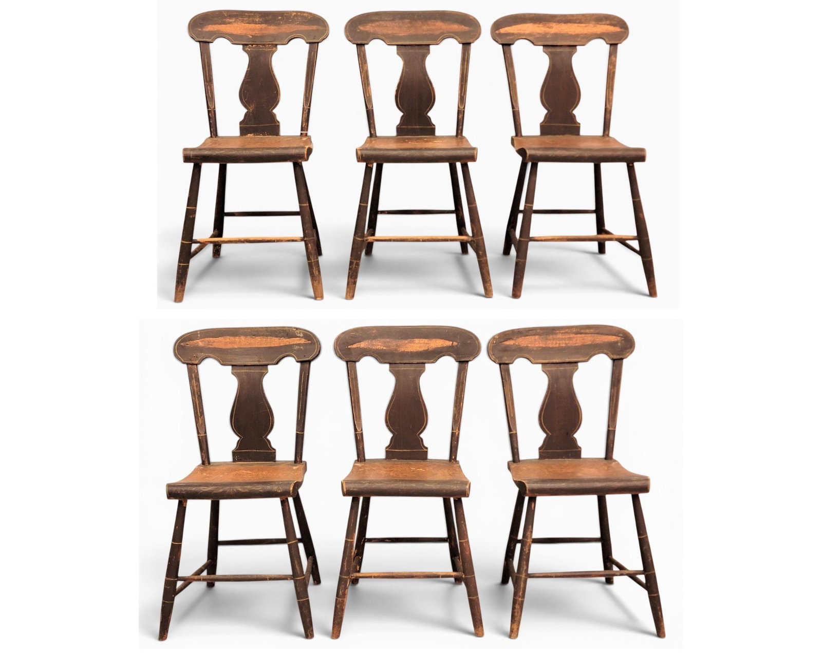SET OF SIX DECORATED CHAIRS: Probably Pennsylvania, 2nd quarter-19th century, mixed woods including poplar. Early second paint with faux graining on the seat. 33" high. Provenance: from the collection of Diane Whyte Miller (Virgi