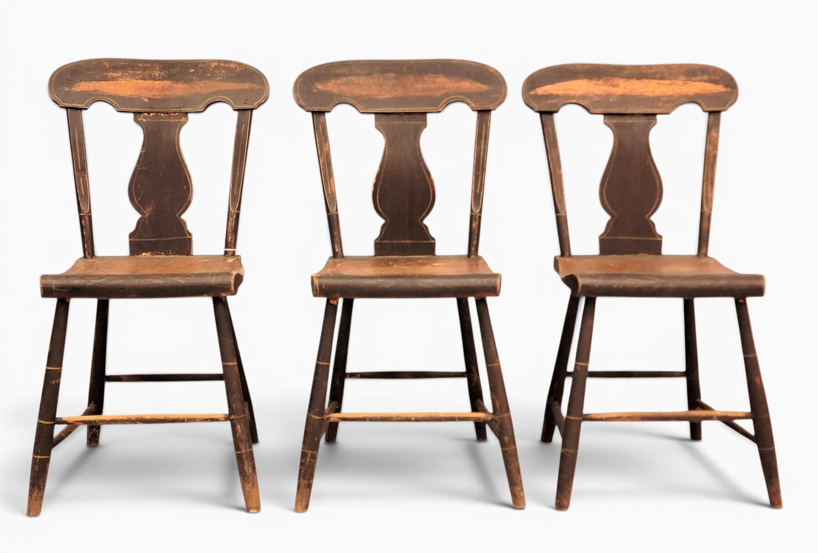 SET OF SIX DECORATED CHAIRS: Probably Pennsylvania, 2nd quarter-19th century, mixed woods including poplar. Early second paint with faux graining on the seat. 33" high. Provenance: from the collection of Diane Whyte Miller