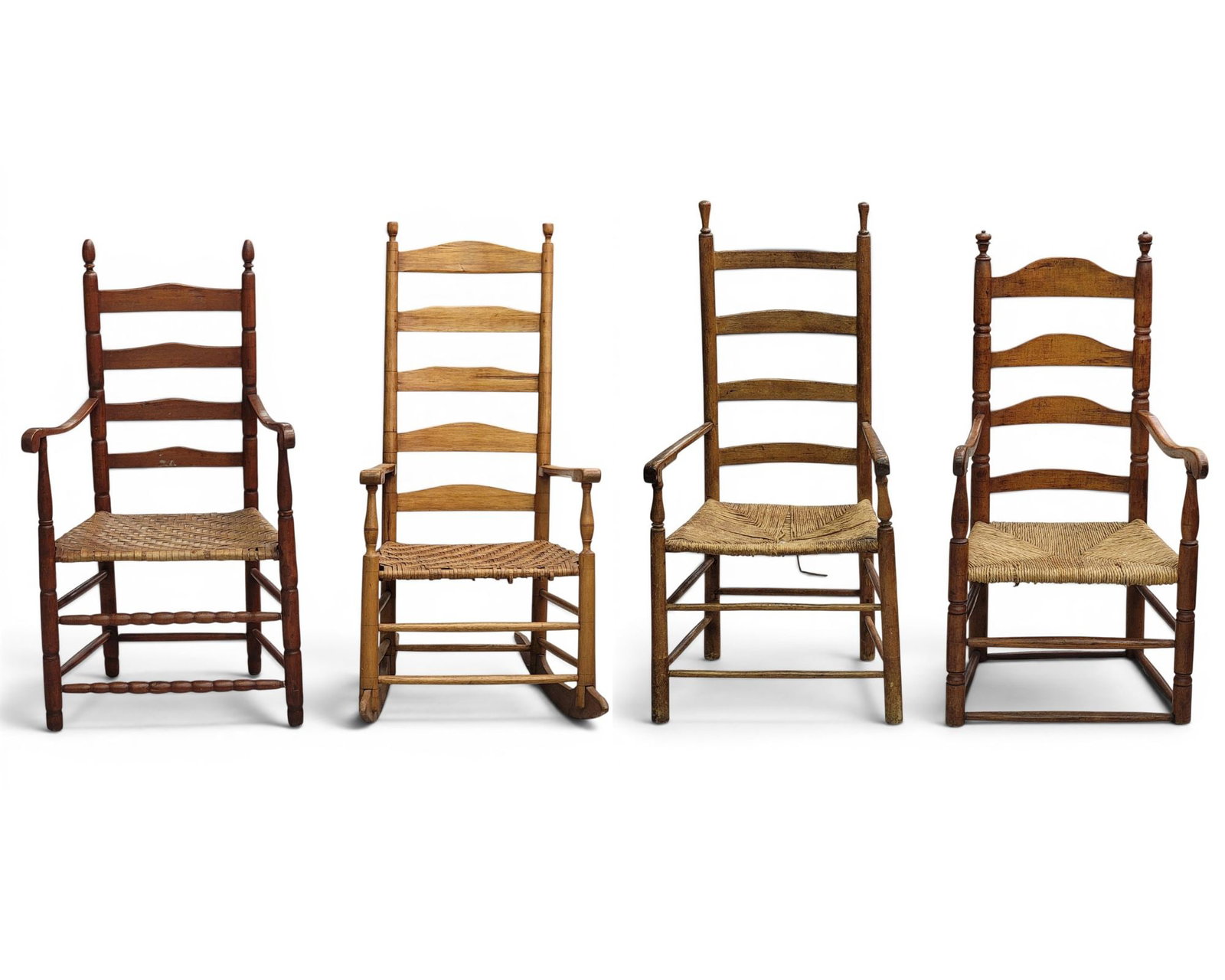 FOUR EARLY AMERICAN CHAIRS: 18th-19th century, most are maple. All ladder backs, one a rocking chair, two have rush seats and two have splint seats. 42" to 45" high. Provenance: from the collection of Diane Whyte Miller (Virgini