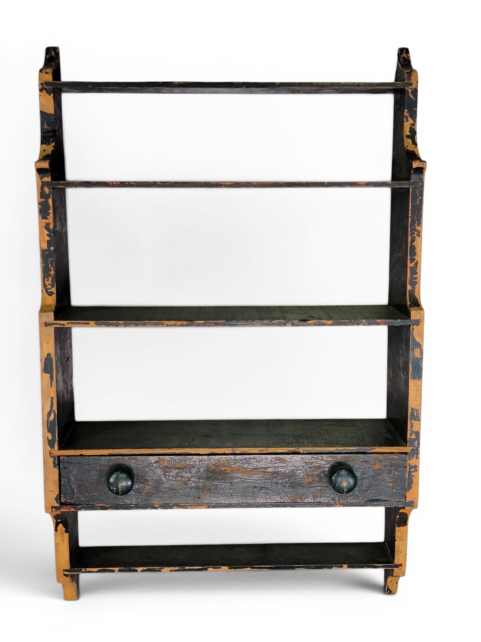 HANGING SHELF AND WALL BOX: American, 19th-20th century. Includes a poplar wall box with hinged lid, 11.5" wide; together with a hanging shelf with drawer, old green paint, 29.5" high, 18.25" wide, 5.5" deep. Provenance: from