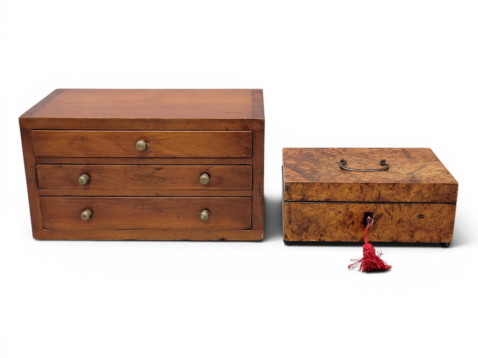 TWO BOXES: 19th century. Includes a burl-veneer box with original hardware, 3.5" high, 9" wide, 6" deep; together with a cherry and poplar box with a dovetailed case and three drawers, 7" high, 12.25" wide,