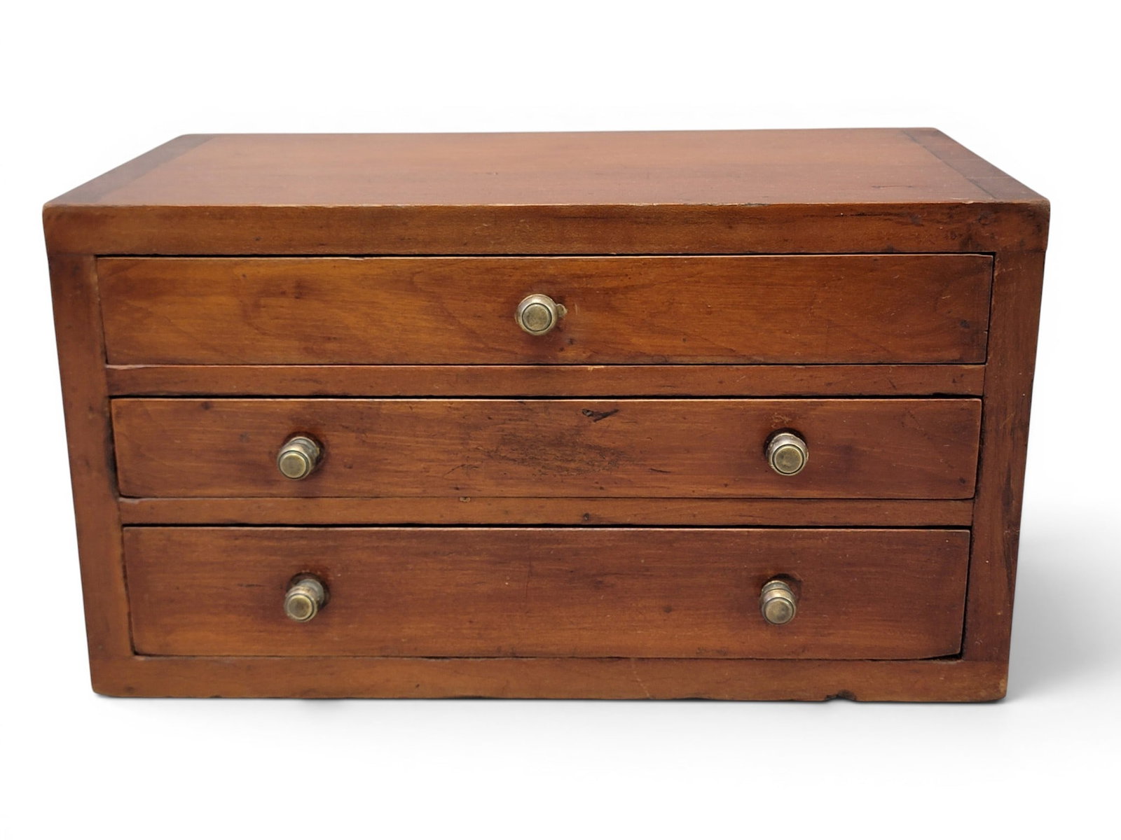 TWO BOXES: 19th century. Includes a burl-veneer box with original hardware, 3.5" high, 9" wide, 6" deep; together with a cherry and poplar box with a dovetailed case and three drawers, 7" high, 12.25" wide, 6.75