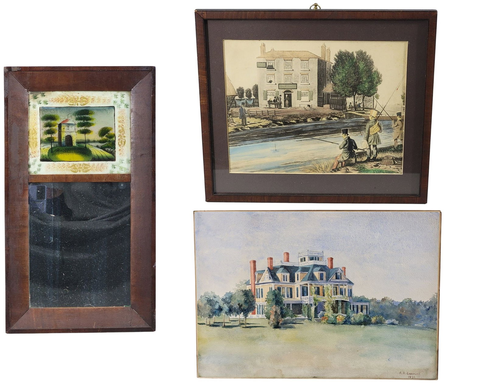 TWO WATERCOLORS AND A MIRROR: Includes a probably English watercolor view of gentlemen fishing, 12" high, 13.75" wide; together with an 1891 watercolor of the Endicott estate near Boston by AR Endicott, unframed, 13.75" high, 20"