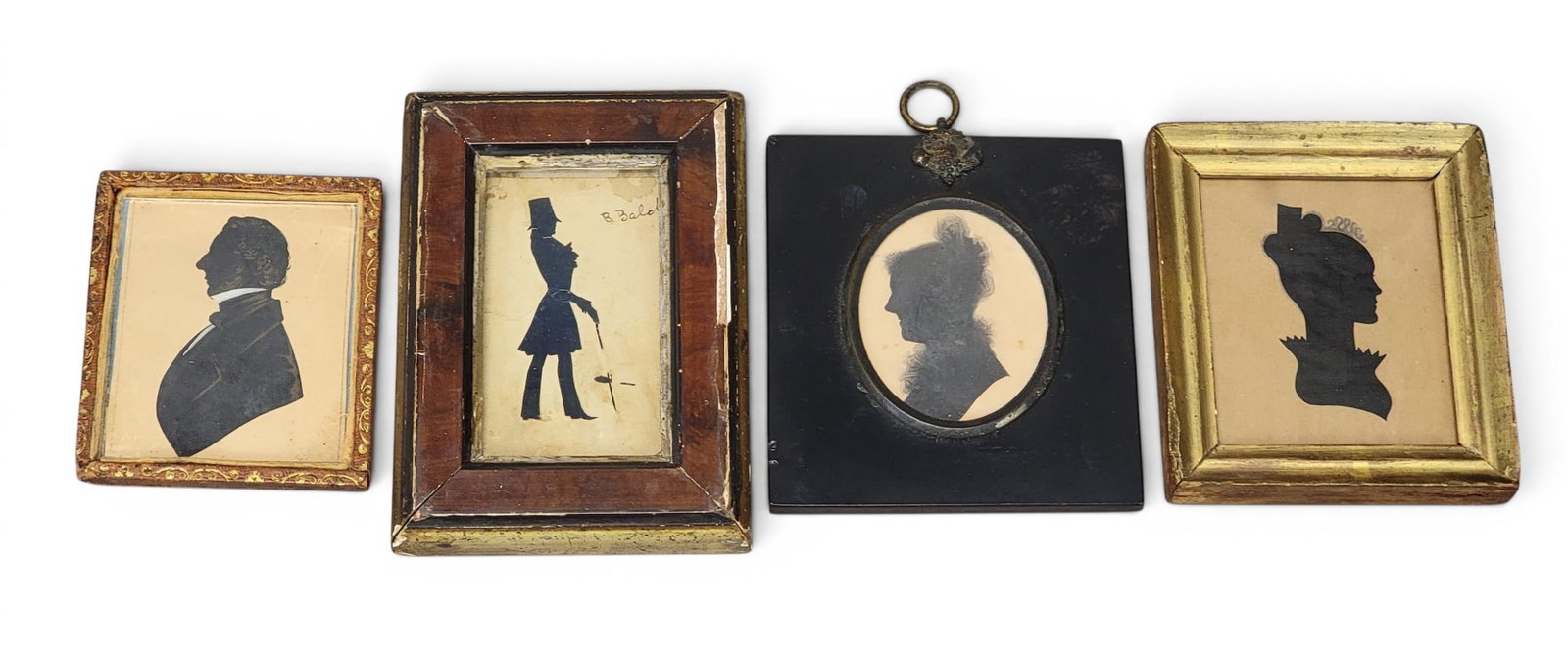 FOUR SILHOUETTES: 19th century. Includes a profile of a man by Peter Skeolan (act. England, 1830s-1840s), a full length profile of a dapper gentleman, a bust profile of an older woman, and a profile of a young lady