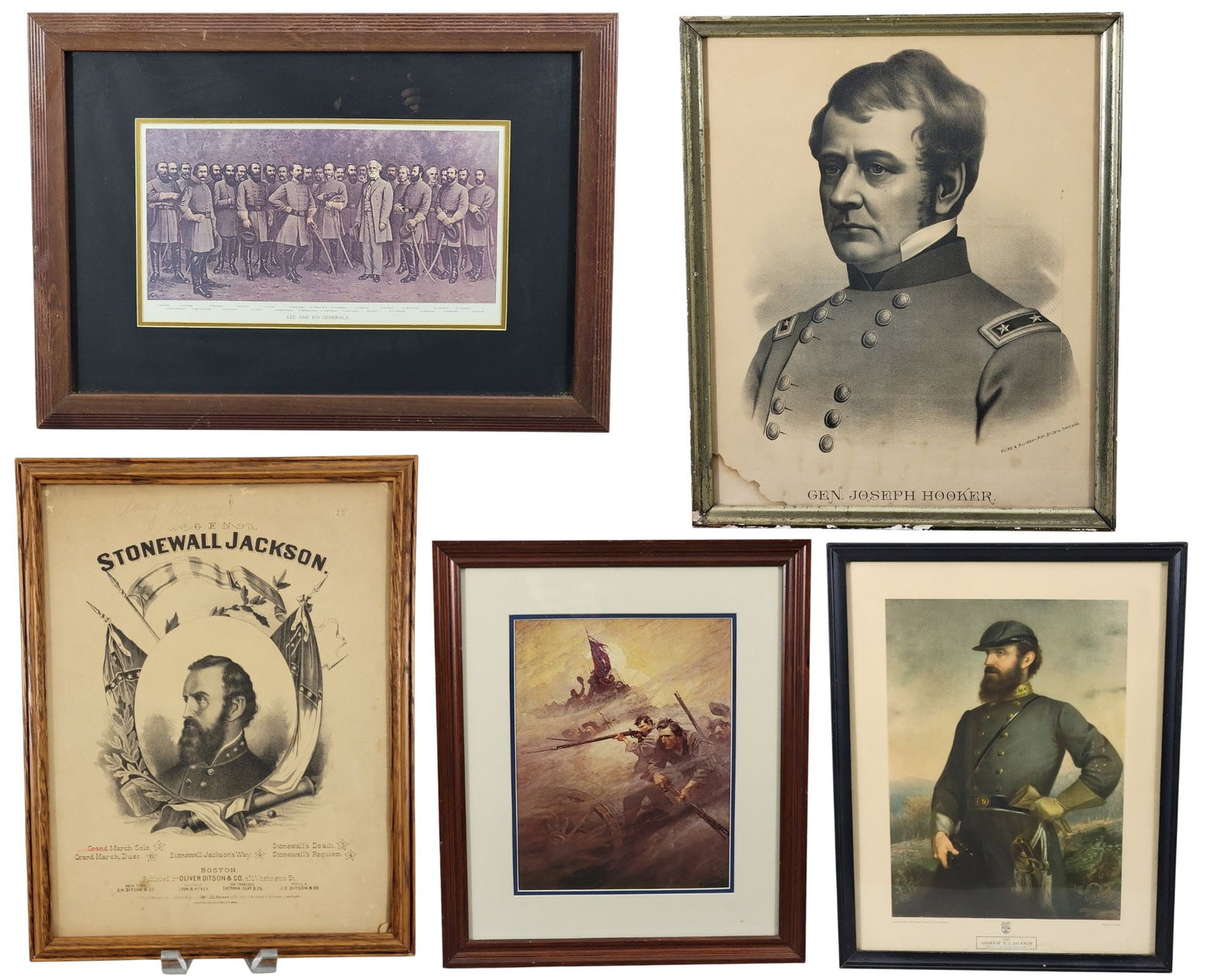 COLLECTION OF CIVIL WAR PRINTS: Period prints include Kurz and Allison General Joseph Hooker and Stonewall Jackson sheet music cover; together with later prints, including Jackson, battle scene, and Lee and His Generals. All