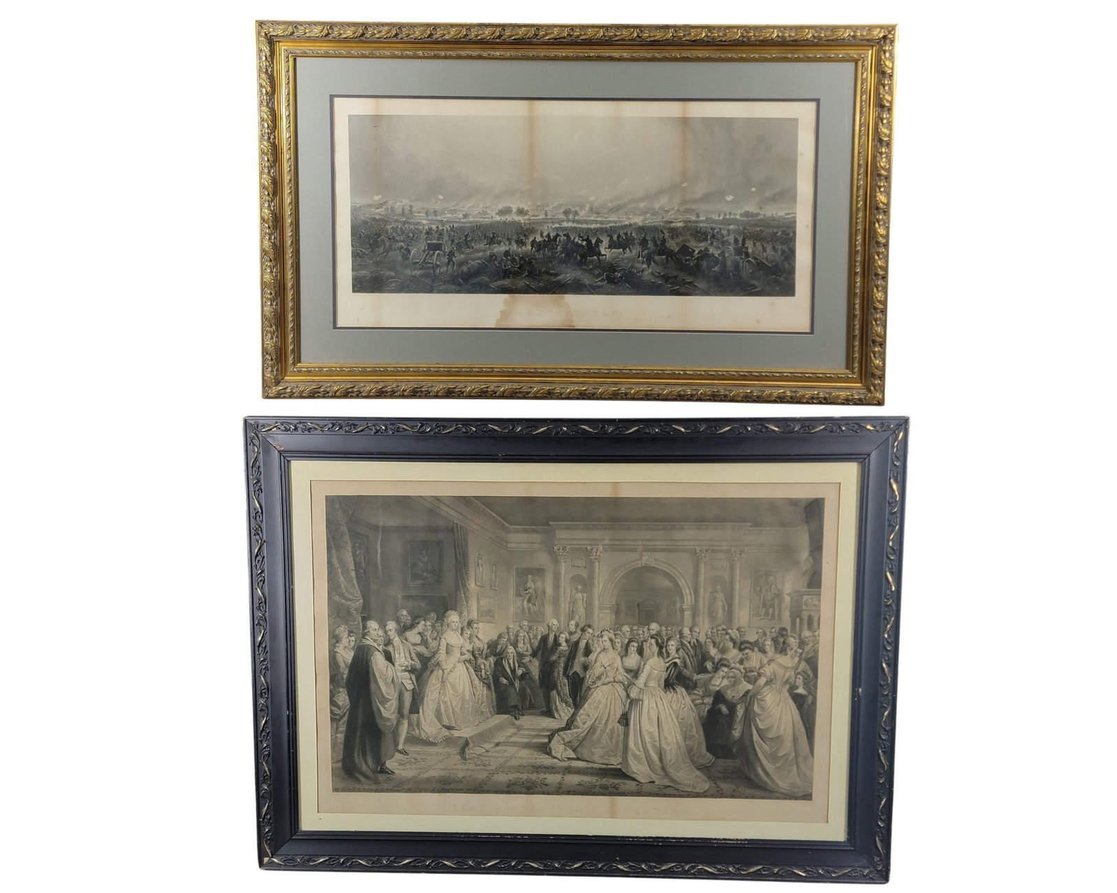 TWO HISTORIC AMERICAN PRINTS: 19th century, engravings. Includes "Lady Washington's Reception" engraved by A.H. Ritchie, in its original frame, 32.5" high, 45.75" wide (overall); together with "Gettysburg: Repulse of Longstreet's