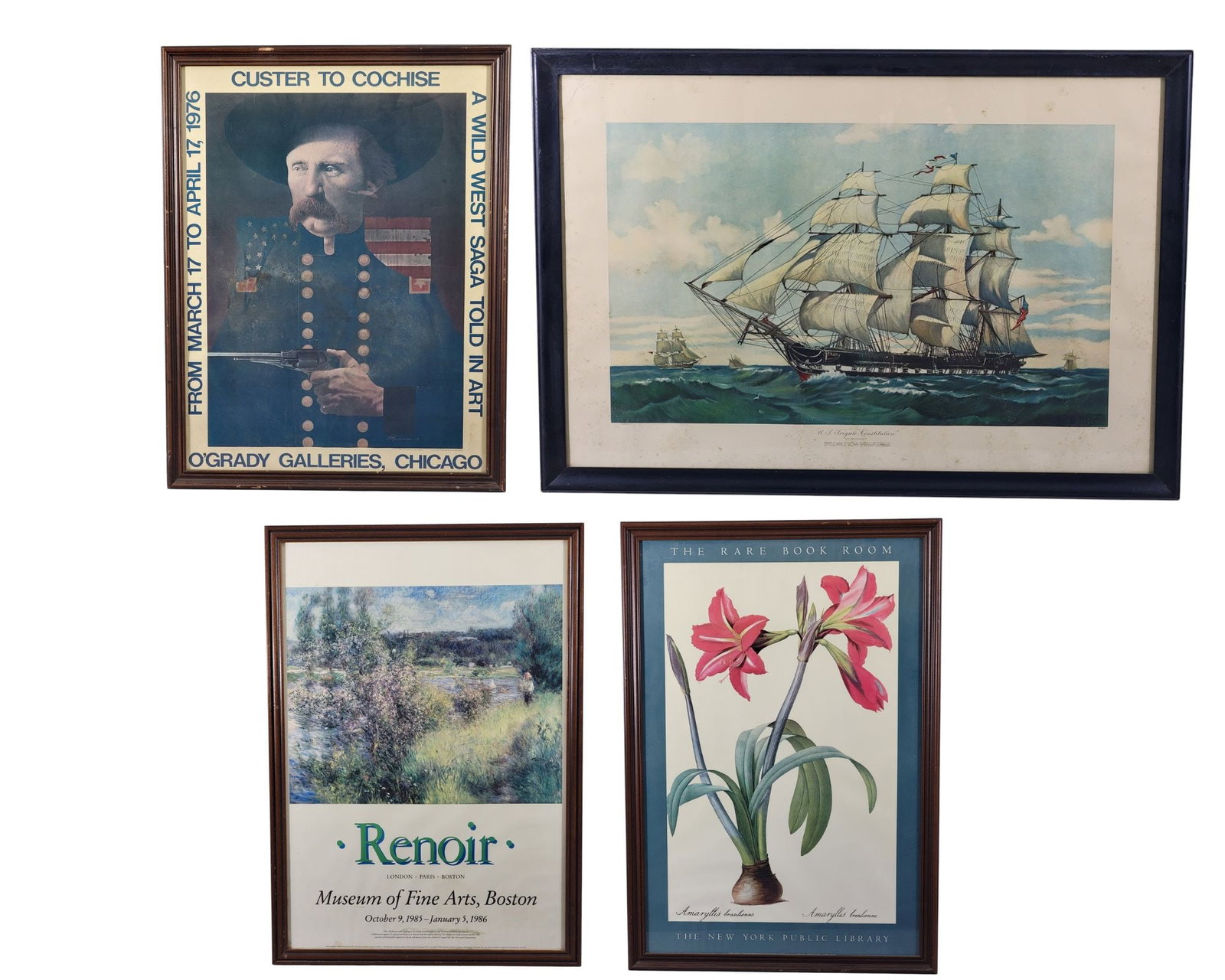 FOUR VINTAGE POSTERS: Includes framed museum posters for exhibitions about Custer, Renoir, and rare books at the New York Public Library, and a print of the USS Constitution. The largest is 26.75" high, 28.5" wide