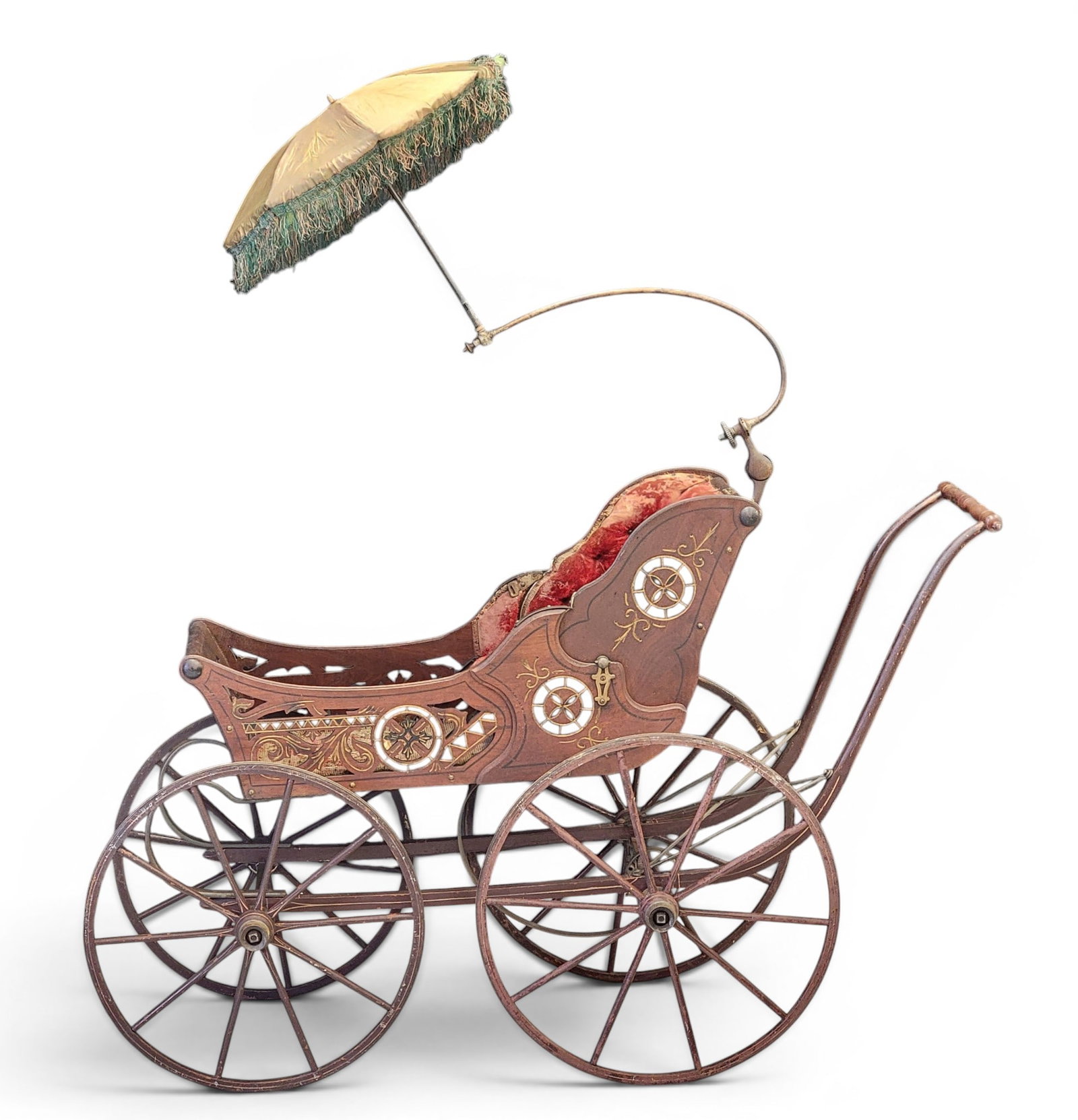 VICTORIAN PERAMBULATOR: Downing Carriage Company, Eric, Pennsylvania, late 19th century. Retains its original paint and uphlolstery, and a period parasol. 59" long. Provenance: a northeast Ohio collection. NOTE: We are