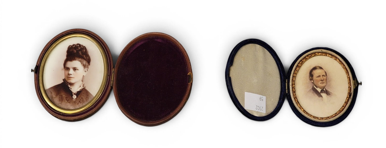 TWO MINIATURE PORTRAITS: American, late 19th century. Includes a photo-ceramic portrait (photo on porcelain) of an engaged lady; together with a colored photograph of a man by Brassarts, Johnson, and Williams, New York. Both