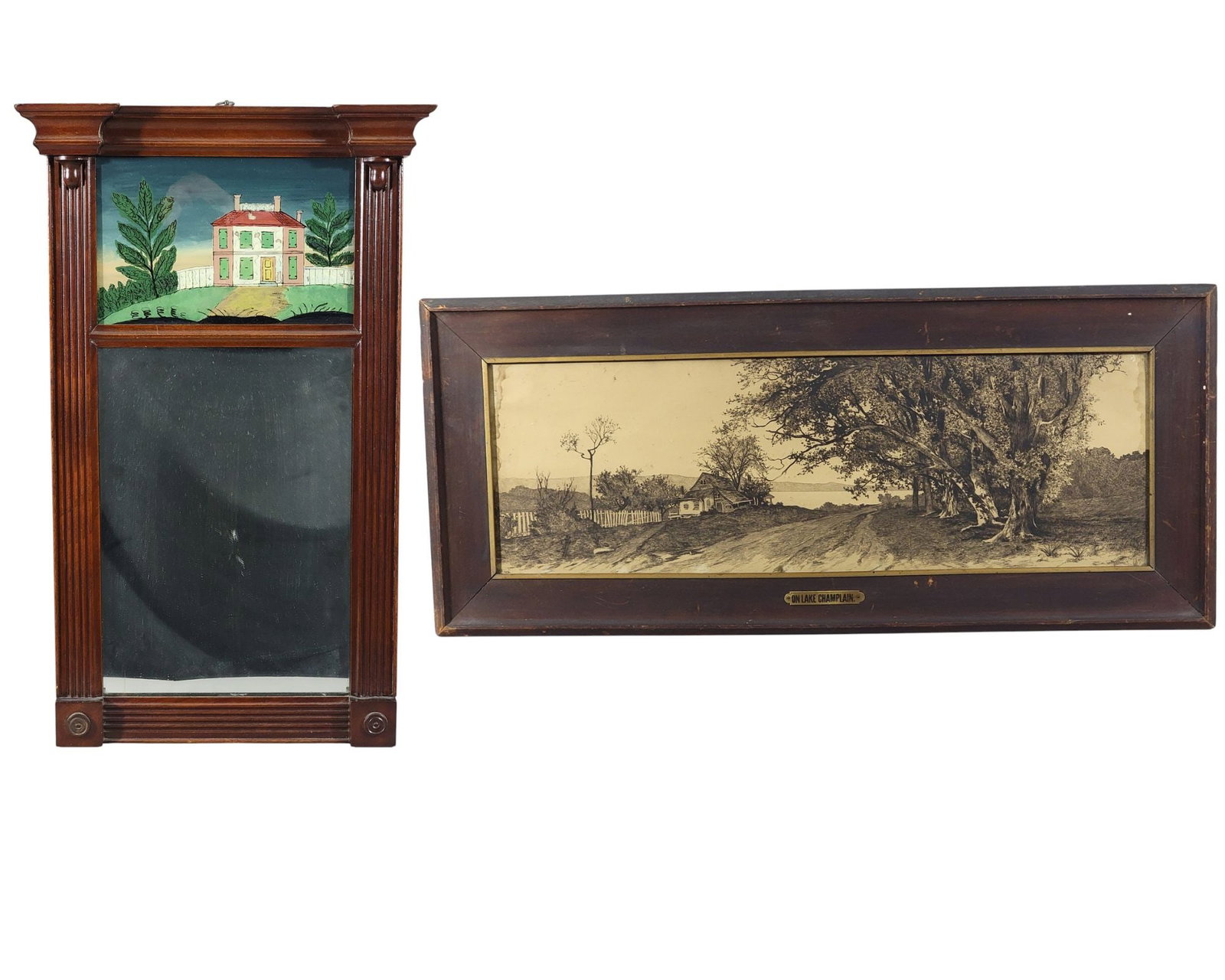 MIRROR AND LAKE CHAMPLAIN PRINT: American, 19th century. Includes a federal, mahogany, two-part mirror with reverse-painted house, 24.5" high, 15" wide; together an etched landscape of Lake Champlain dated 1890, in its original