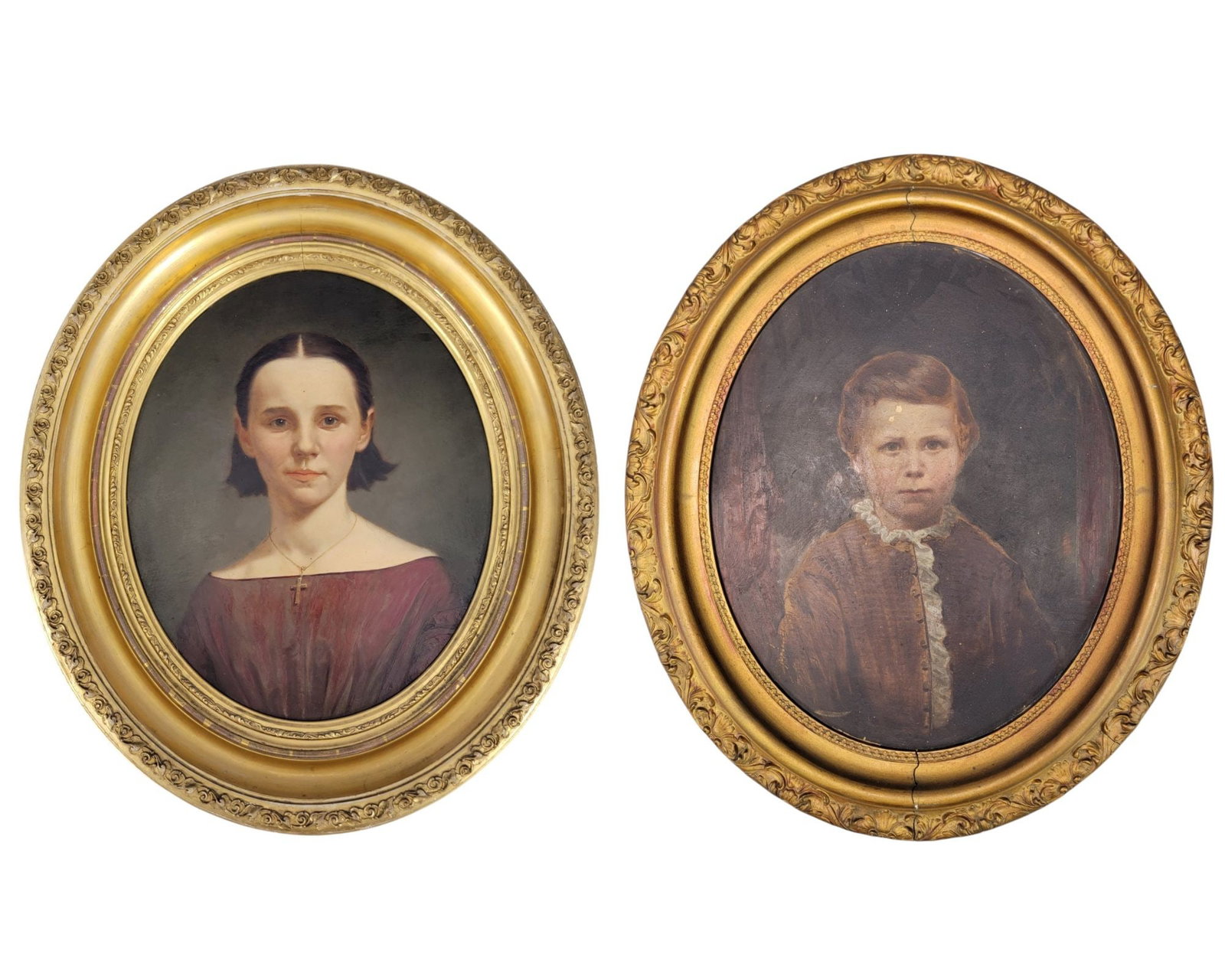 TWO PORTRAITS OF CHILDREN: American, late 19th century, oils on artist board. Both oval format, includes a portrait of a young lady in a red dress, in its original gilt frame with a Cleveland framer's label, 23.25" high, 19.5"
