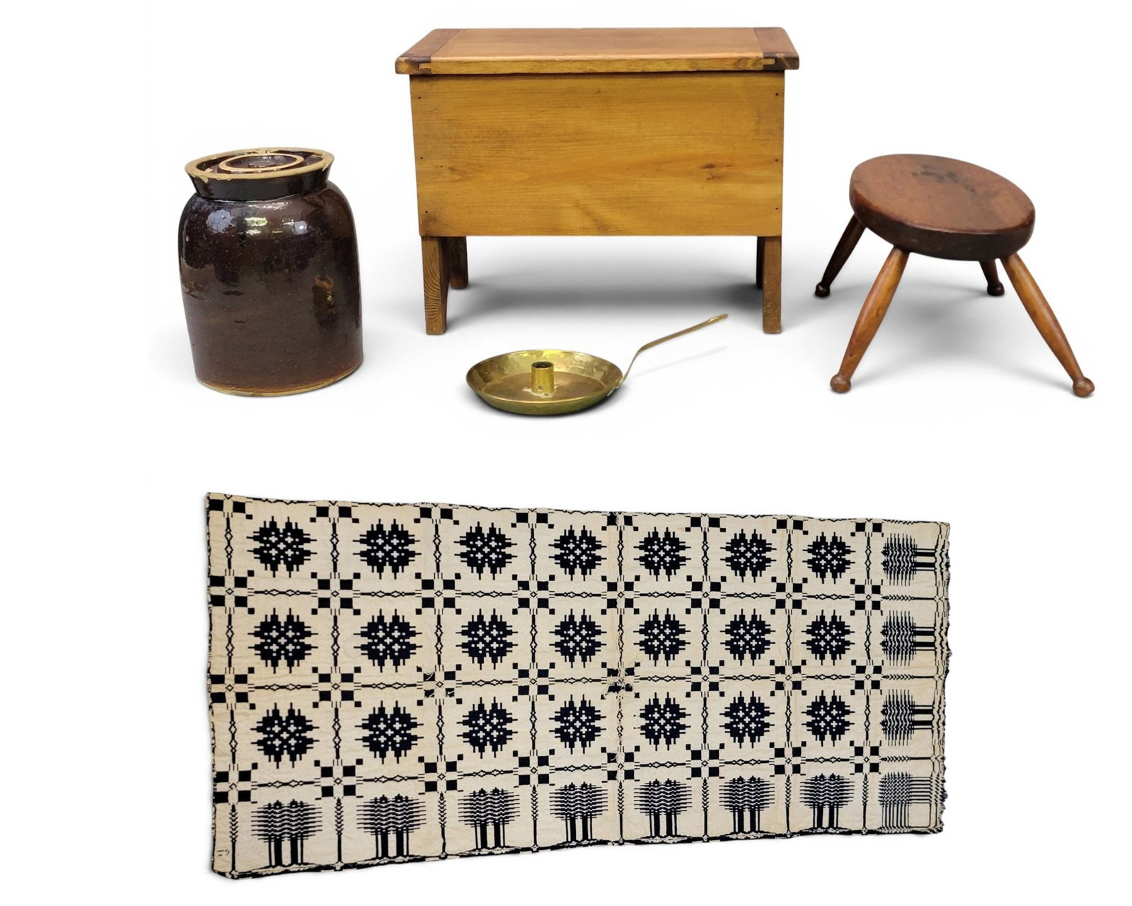 COLLECTION OF COUNTRY ITEMS: Includes a contemporary miniature blanket chest, a brass candle holder, a small period stool with splayed legs, a stoneware jar, and a half blue and white coverlet. The jar is 9" high. Provenance: