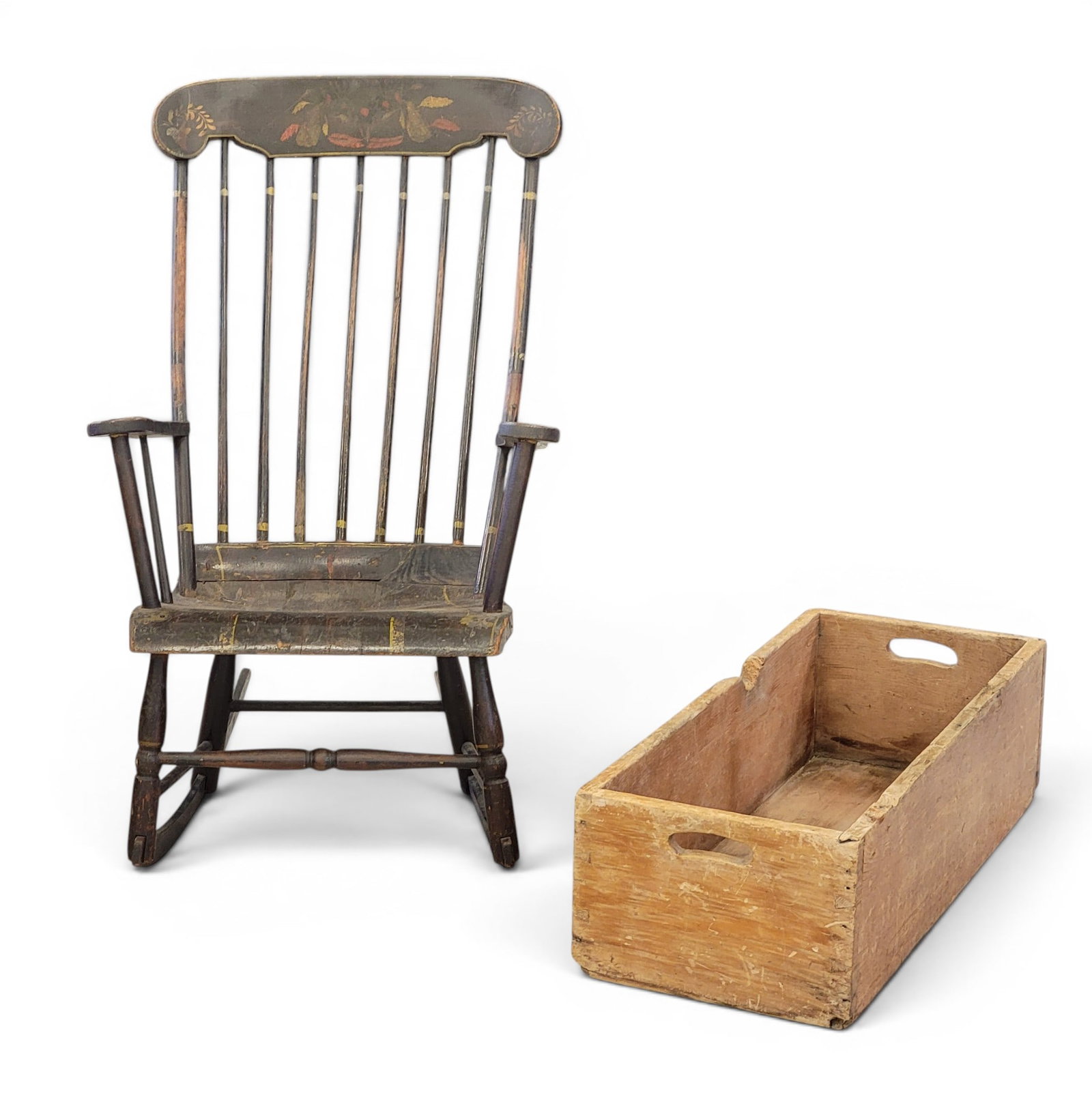 ROCKING CHAIR AND CRATE: American, 19th century. Includes a "Boston" rocking chair with original decoration, 39.25" high; together with a dovetailed crate with carrying handles, 9.5" high, 33" wide, 13.75" deep. Provenance: