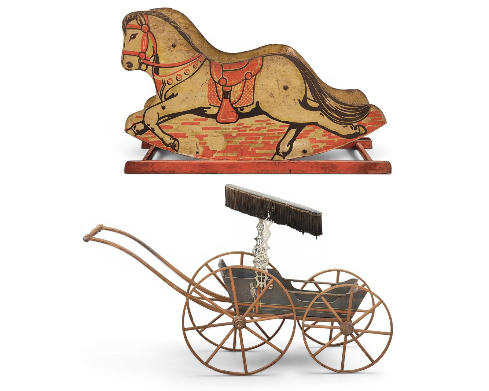 DOLL PERAMBULATOR AND RIDING TOY: American, late 19th century. Includes a doll-sized baby buggy with original paint and fringed top, 41.5" long; together with a platform rocking horse with original paint, 33" long. Provenance: an