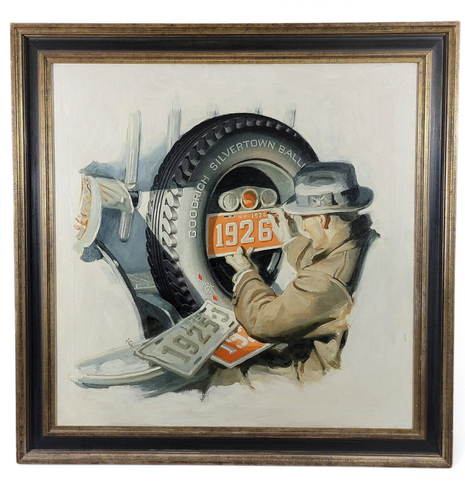 B.F. GOODRICH ADVERTISING ILLUSTRATION: Monogrammed "KC" in lower left (possibly Karl Godwin, 1893-1962, oil on canvas. 1925. A man changes his license plate for the new year (1926), and the plate is mounted in the spare Goodrich