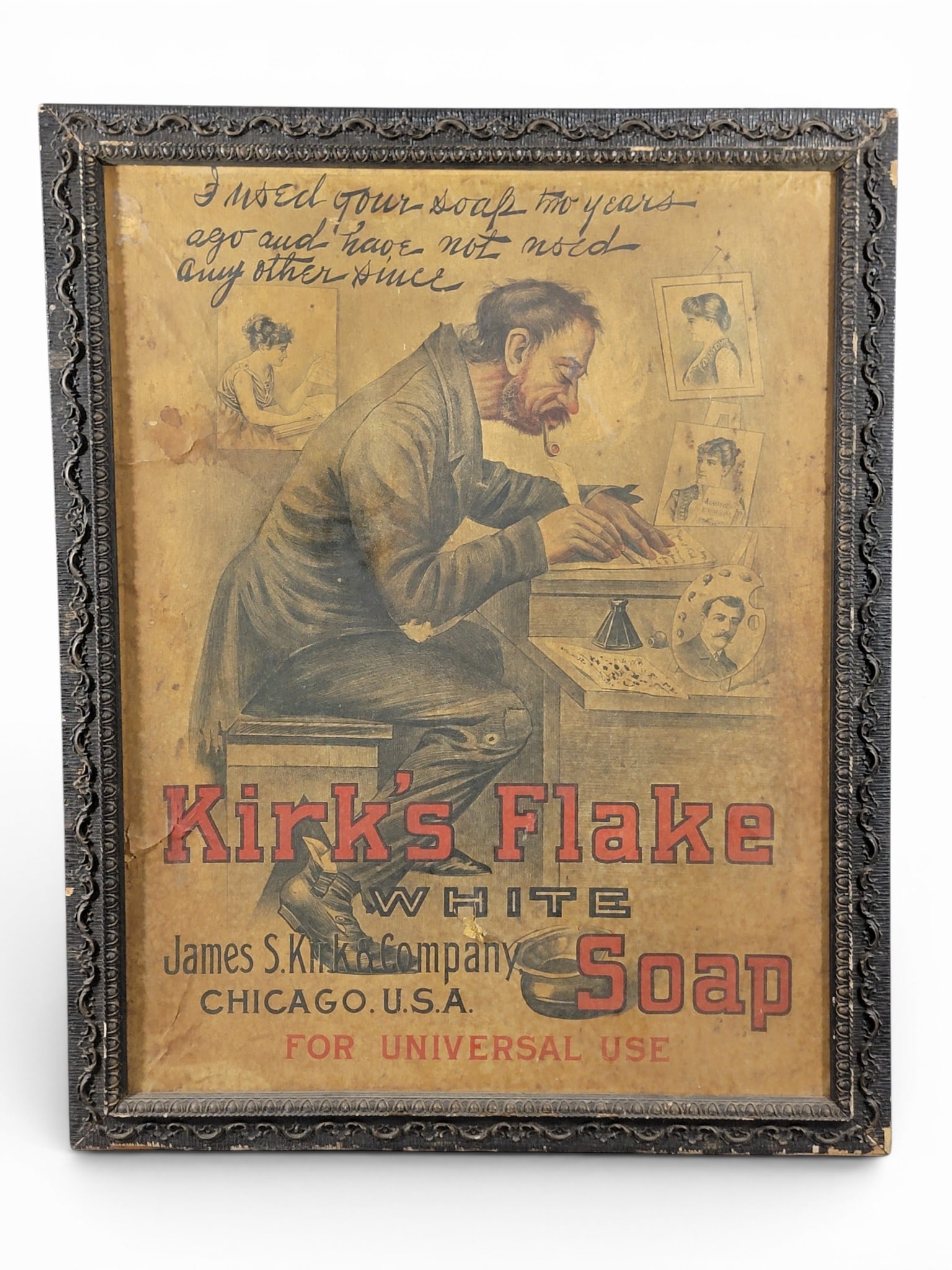 KIRK'S FLAKE SOAP ADVERTISING SIGN: American, early 20th century, printed on cardboard. "Kirk's Flake WHITE Soap James S. Kirk & Company CHICAGO, U.S.A." In a period frame, backed by a period chromolithograph of a mother and child. 31.2