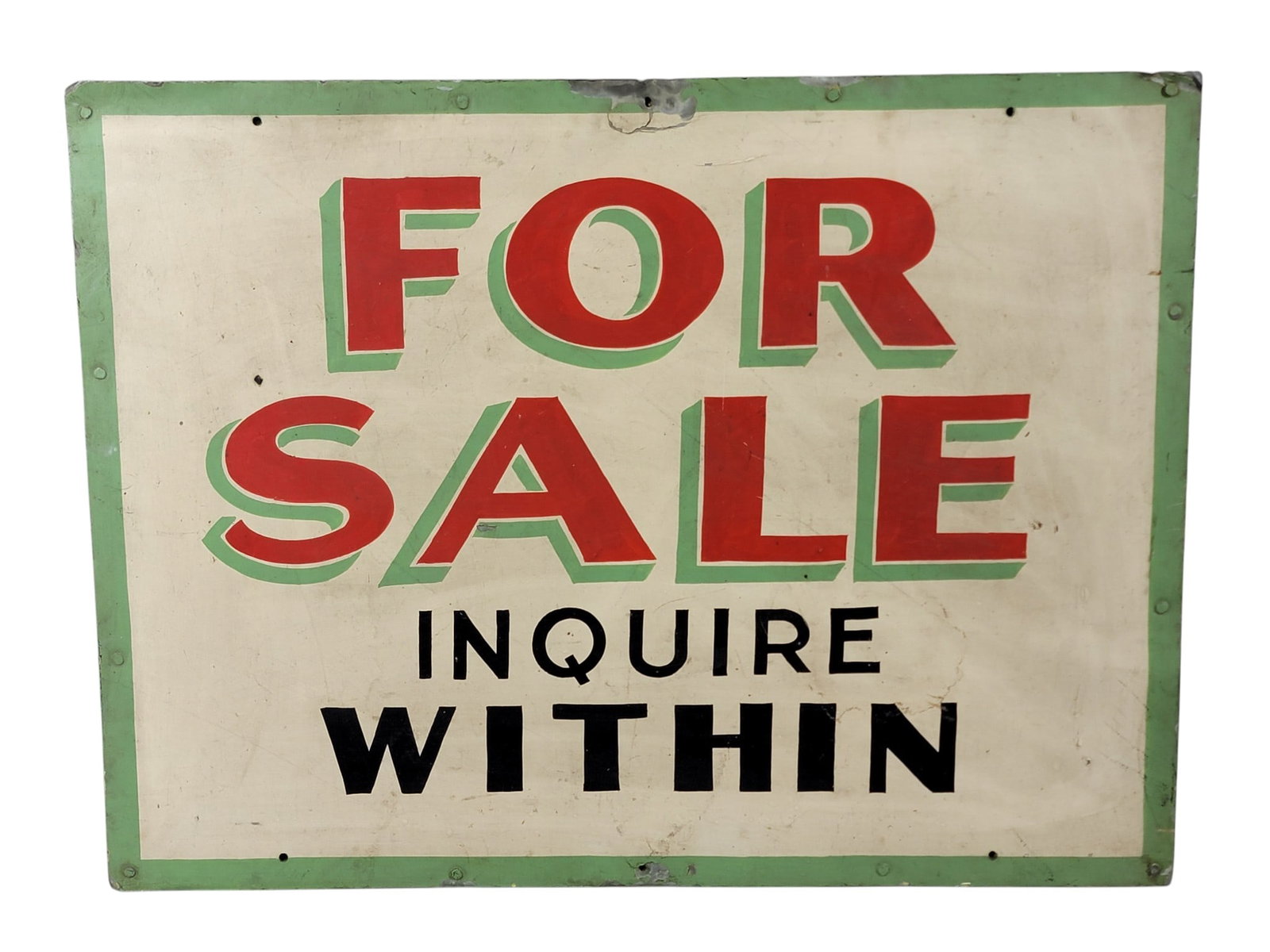 "FOR SALE" ADVERTISING SIGN: American, 2nd quarter-20th century. Painted metal sign "FOR SALE INQUIRE WITHIN" mounted on wooden frame. 18" high, 24" wide. Provenance: an Ohio collection. NOTE: We are happy to answer questions and