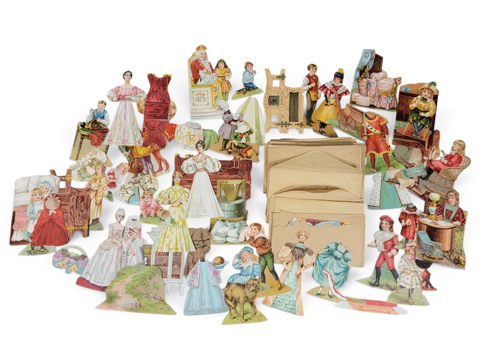 HUGE COLLECTION OF ADVERTISING PAPER DOLLS: Mostly for Lion and McLaughlin Coffee, late 19th century, chromolithographed and diecut. Approx. 40 period envelopes with an average of 2-3 pieces per envelope. 2" to 6" per piece. Provenance: a Penns