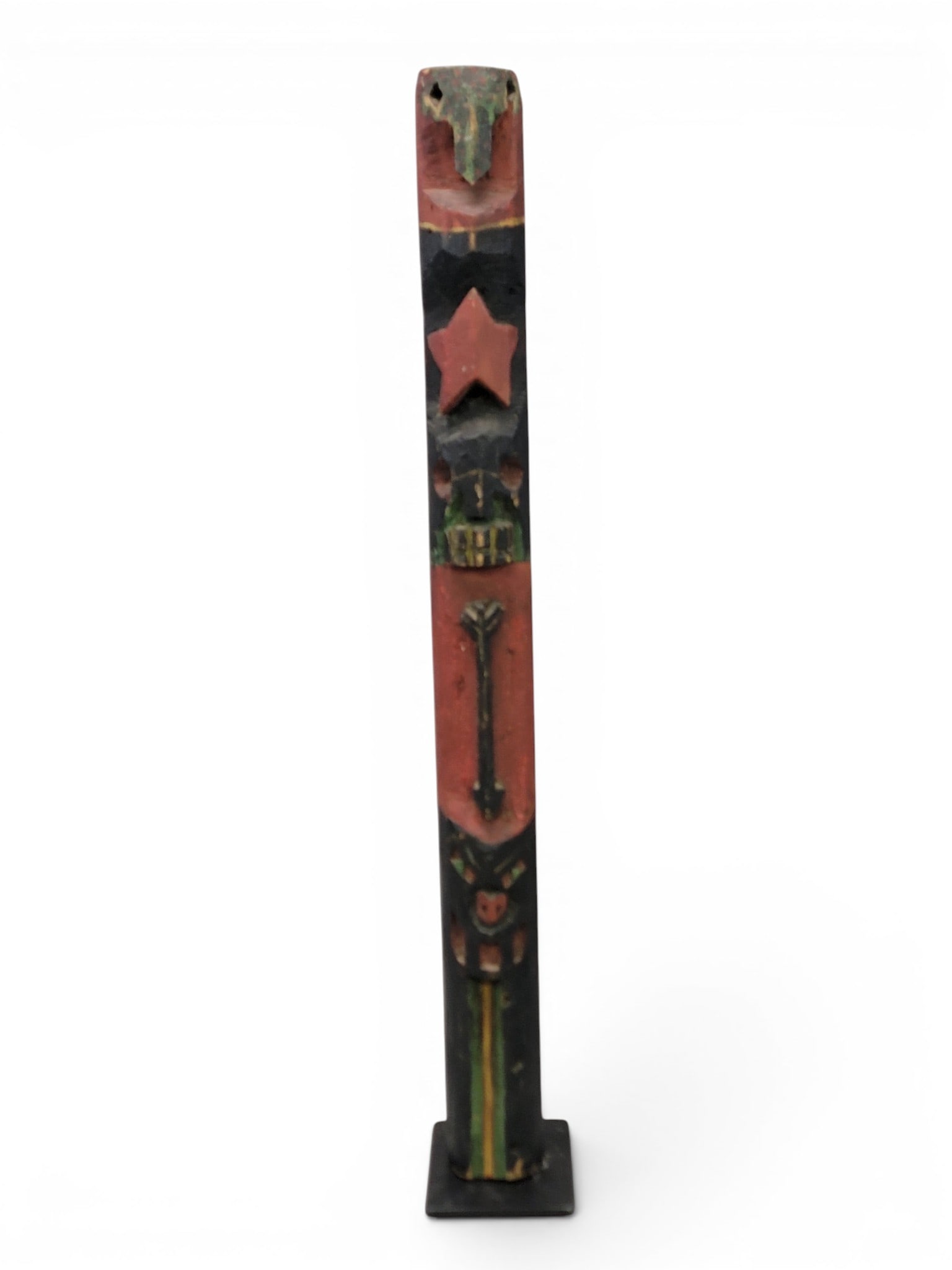 NORTHWEST COAST-STYLE CARVED TOTEM: 20th century. Folksy carved pole with original polychrome paint. 33.5" high. Provenance: a Pennsylvania collection. NOTE: We are happy to answer questions and take additional photos of lots prior to