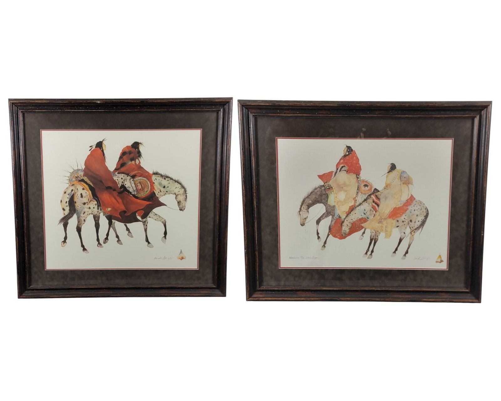TWO PAINTINGS BY CAROL GRIGG (OREGON, B. 1942): Watercolors on paper, signed lower right. Typical of her work, both are stylized Native Americans, one titled "Waiting, the White Moon" and the other untitled. Both matted and framed, 28" high,