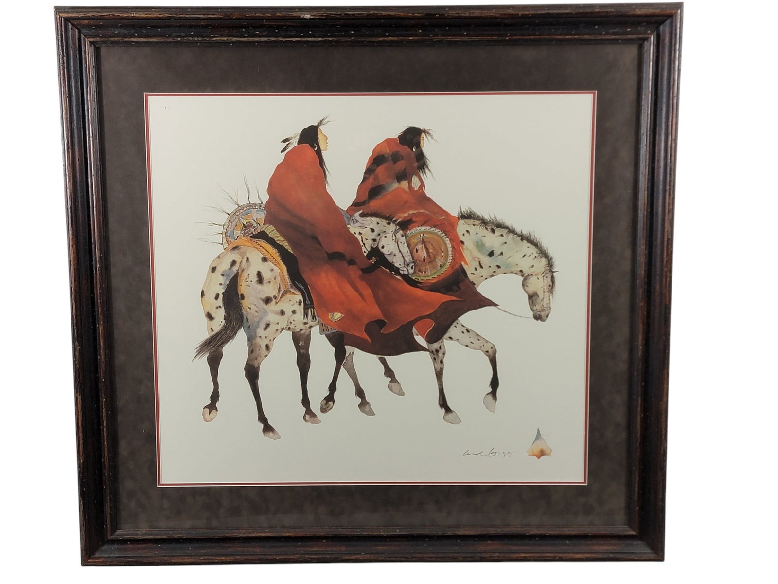 TWO PAINTINGS BY CAROL GRIGG (OREGON, B. 1942): Watercolors on paper, signed lower right. Typical of her work, both are stylized Native Americans, one titled "Waiting, the White Moon" and the other untitled. Both matted and framed, 28" high, 33.25"