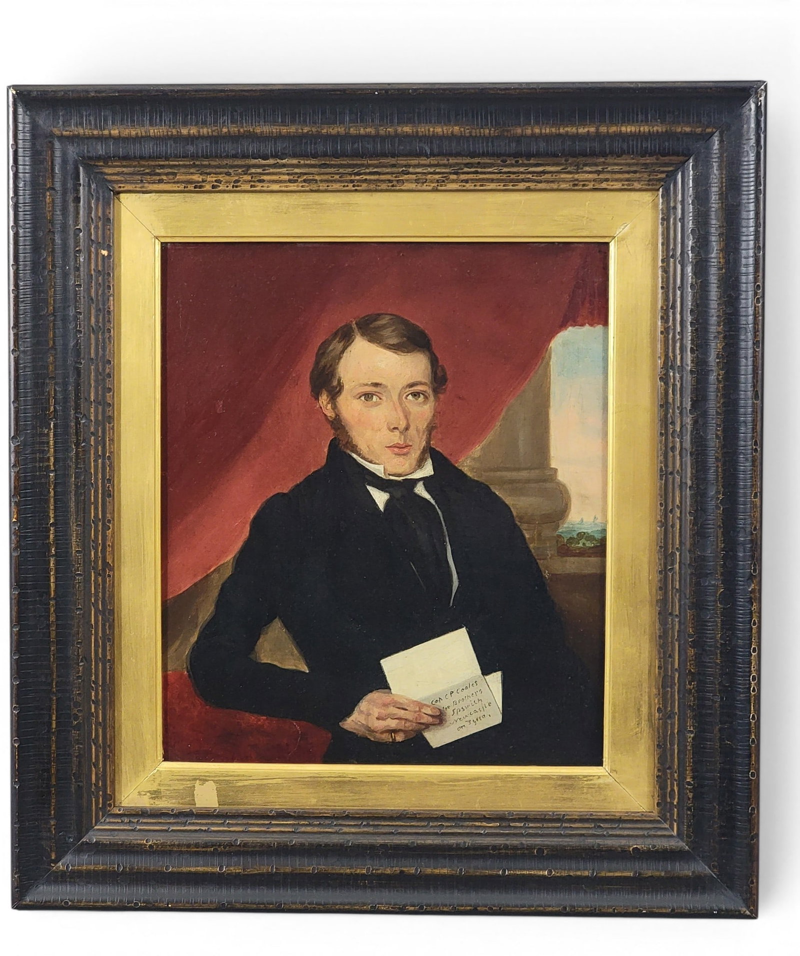 PORTRAIT OF A GENTLEMAN: English, 2nd quarter-19th century, oil on canvas. Seated portrait of a young man wearing black, with mutton chops, and he's holding a note addressed to "Cap C.P. Coales [---] Brothers Ipswich Newcastl