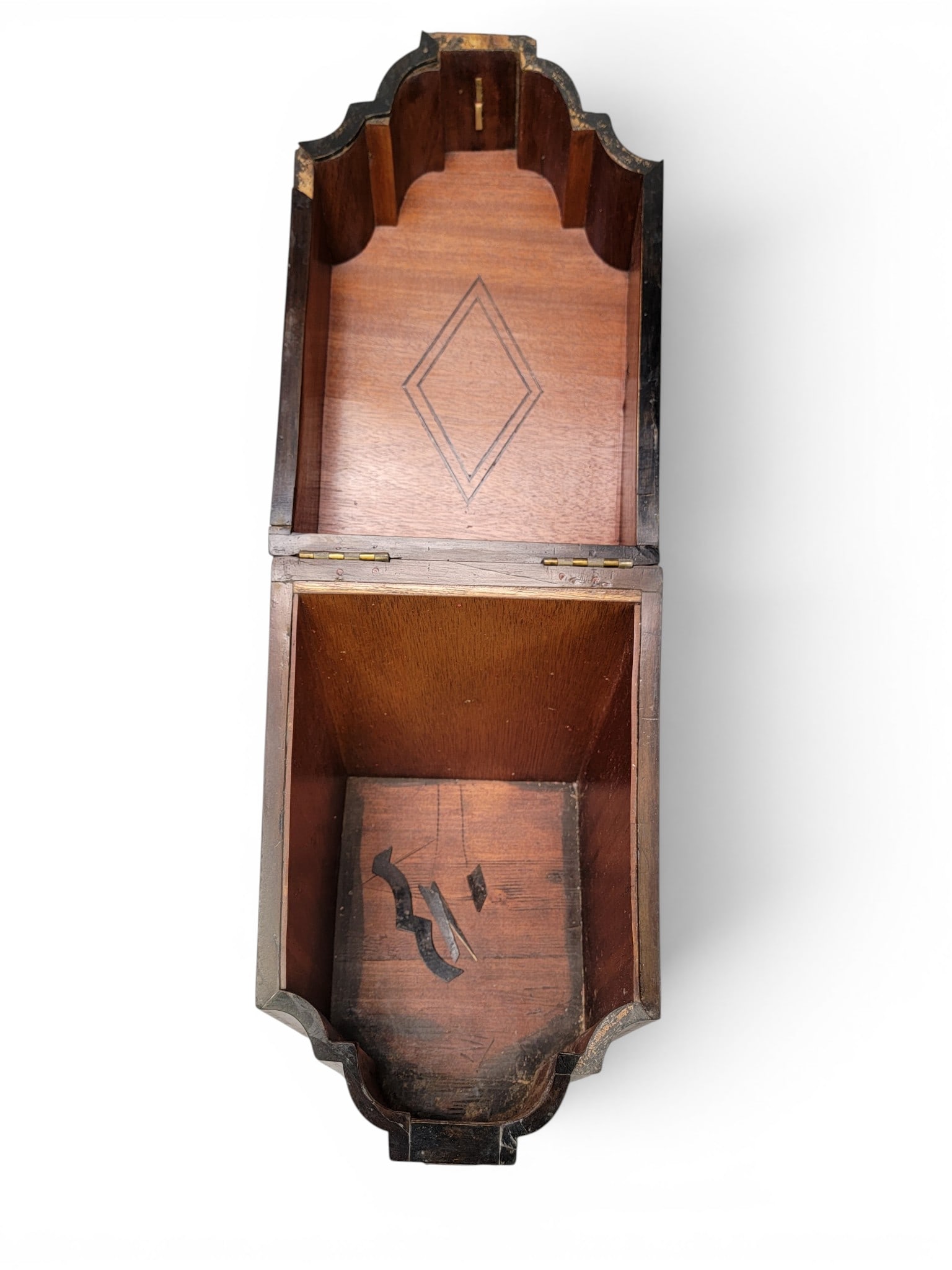 INLAID KNIFE BOX: Probably English, early 19th century, mahogany. Serpentine and blocked front, with crossbanded and other inlaid decoration. 14.75" high, 9" wide, 12" deep. Provenance: a southeast Ohio family. NOTE: W