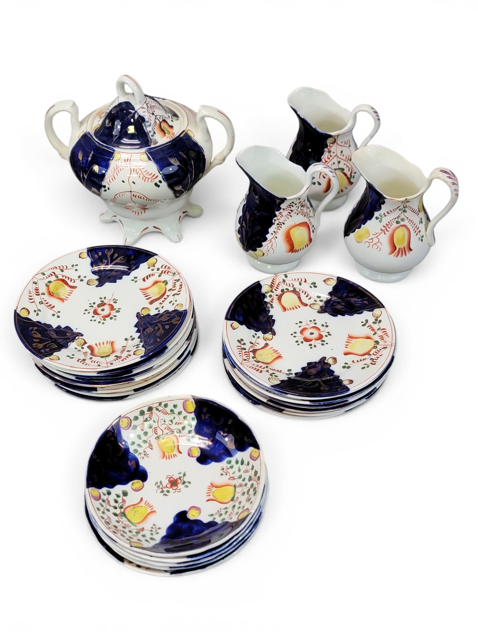 SET OF GAUDY WELSH TULIP PATTERN CHINA: English, 19th century. Includes various sizes of plates, as well as cups and saucers, and serving pieces. Provenance: Collection of Bob and Maxine Edwards, New Philadelphia, Ohio. NOTE: We are happy