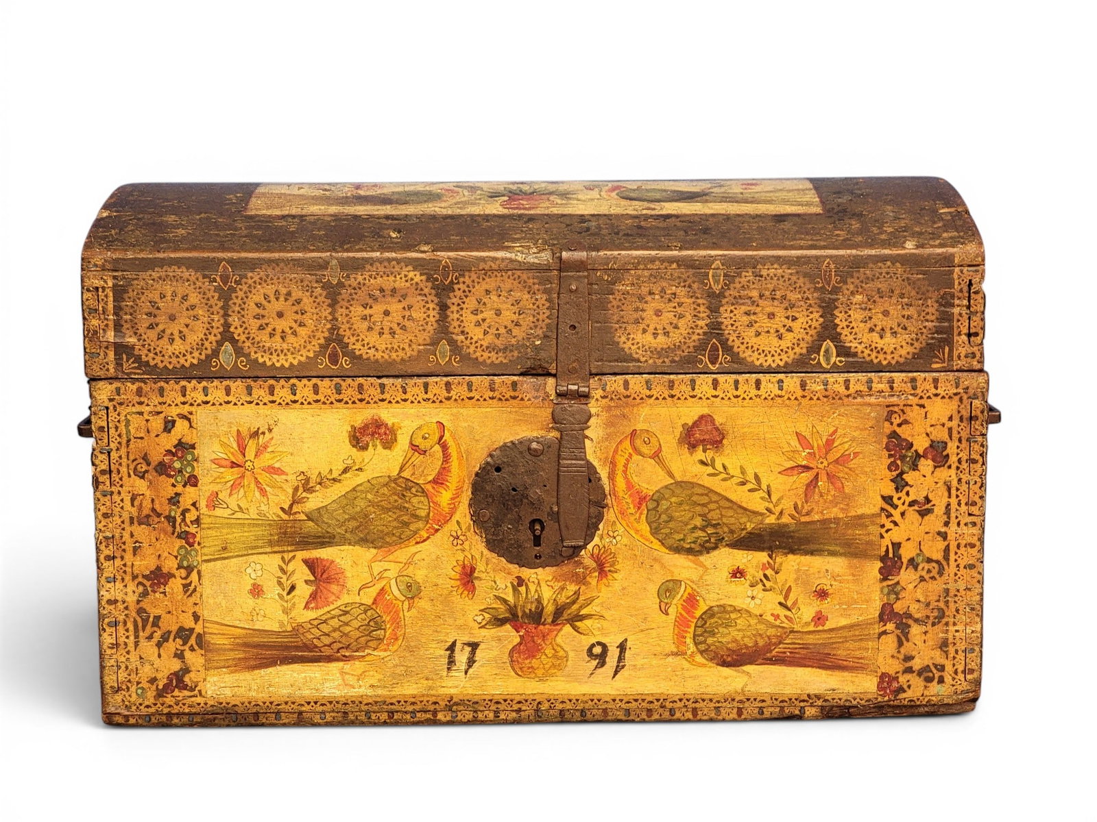 DECORATED DOMETOP BOX: European, 18th-19th century, pine. Dometop box with elaborate, early/original paint decoration including birds and date 1791, and with iron hardware. 16" high, 26" wide, 15.75" deep. Provenance: from
