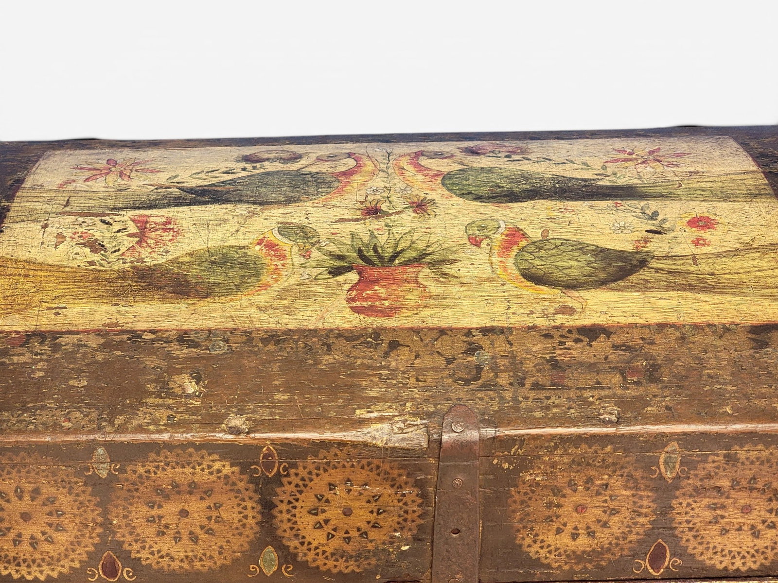 DECORATED DOMETOP BOX: European, 18th-19th century, pine. Dometop box with elaborate, early/original paint decoration including birds and date 1791, and with iron hardware. 16" high, 26" wide, 15.75" deep. Provenance: from