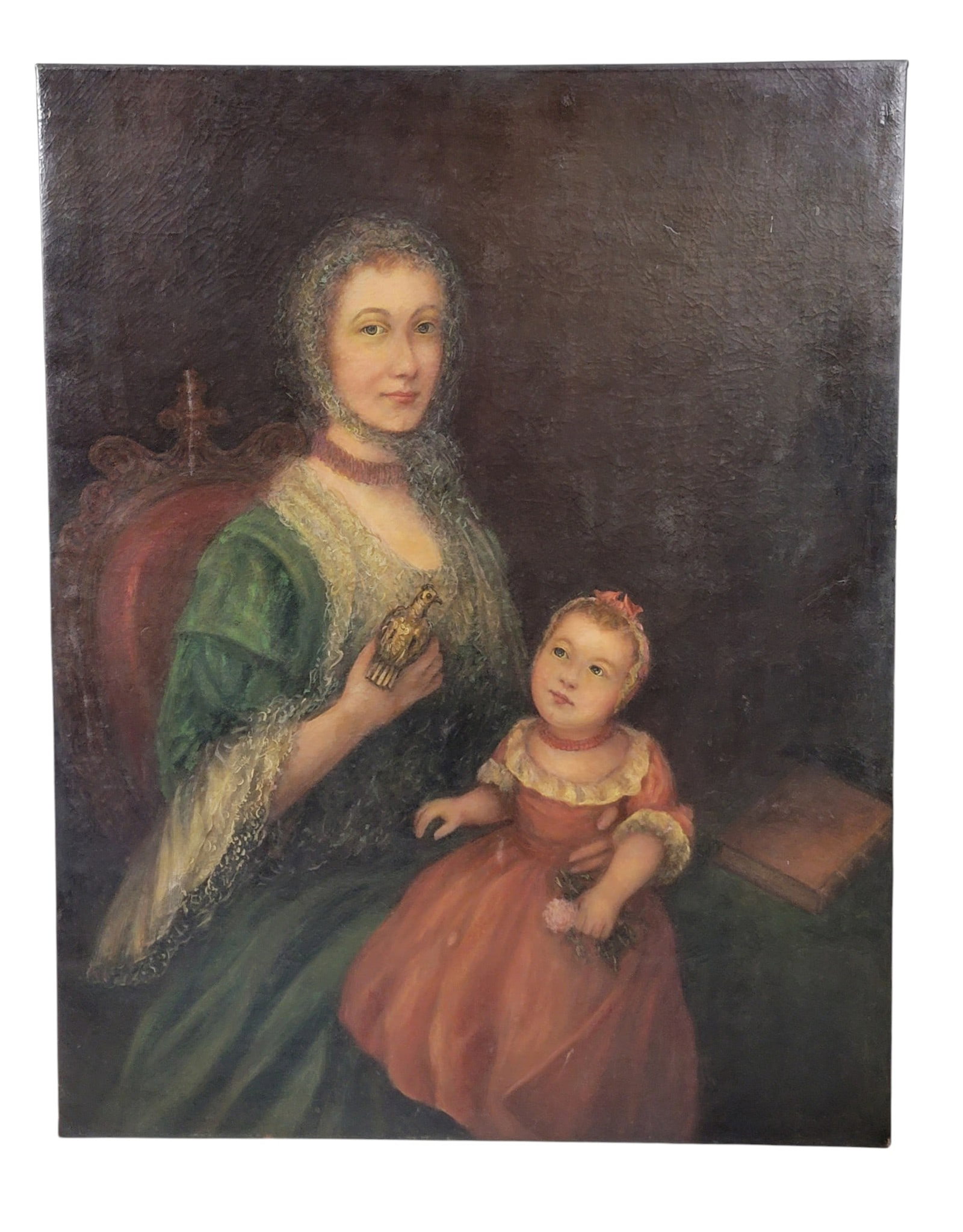 PORTRAIT OF A MOTHER AND CHILD: European, 18th century, oil on canvas. Large, seated portrait of a wealthy mother and her charming child; both are well dressed, the mother holds a bird and the child wears a coral necklace.