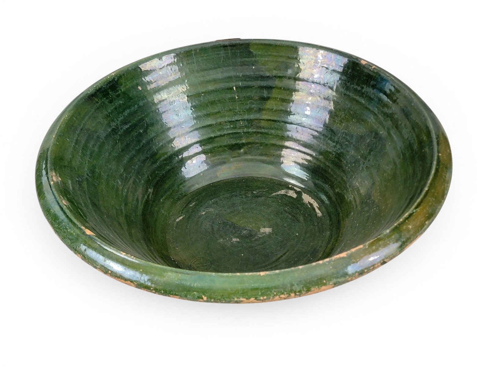 REDWARE TIAN BOWL: European, 19th-20th century. Large redware bowl with green-glazed interior. 23" diameter. Provenance: a Kentucky collection. NOTE: We are happy to answer questions and take additional photos of lots