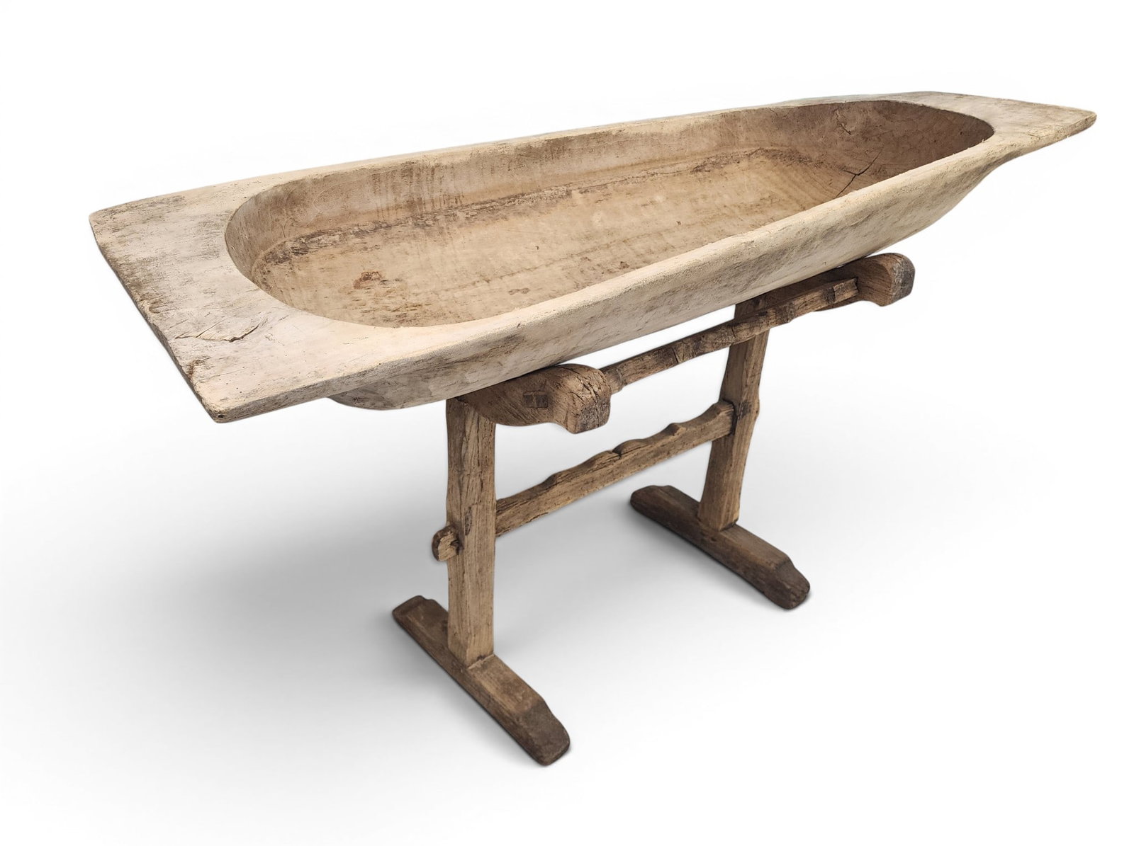 DOUGH TROUGH ON STAND: European, 19th-20th century. Large size trough on a stand. 34" high, 56.5" wide, 20" deep. Provenance: a Kentucky collection. NOTE: We are happy to answer questions and take additional photos of lots