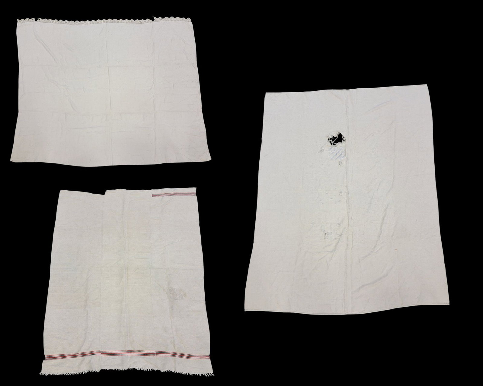 THREE VINTAGE LINEN SHEETS: European, 20th century. Lace trimmed, 72" by 58"; striped, 63" by 50"; and 74.5" by 60". Provenance: a Kentucky collection. NOTE: We are happy to answer questions and take additional photos of lots pr