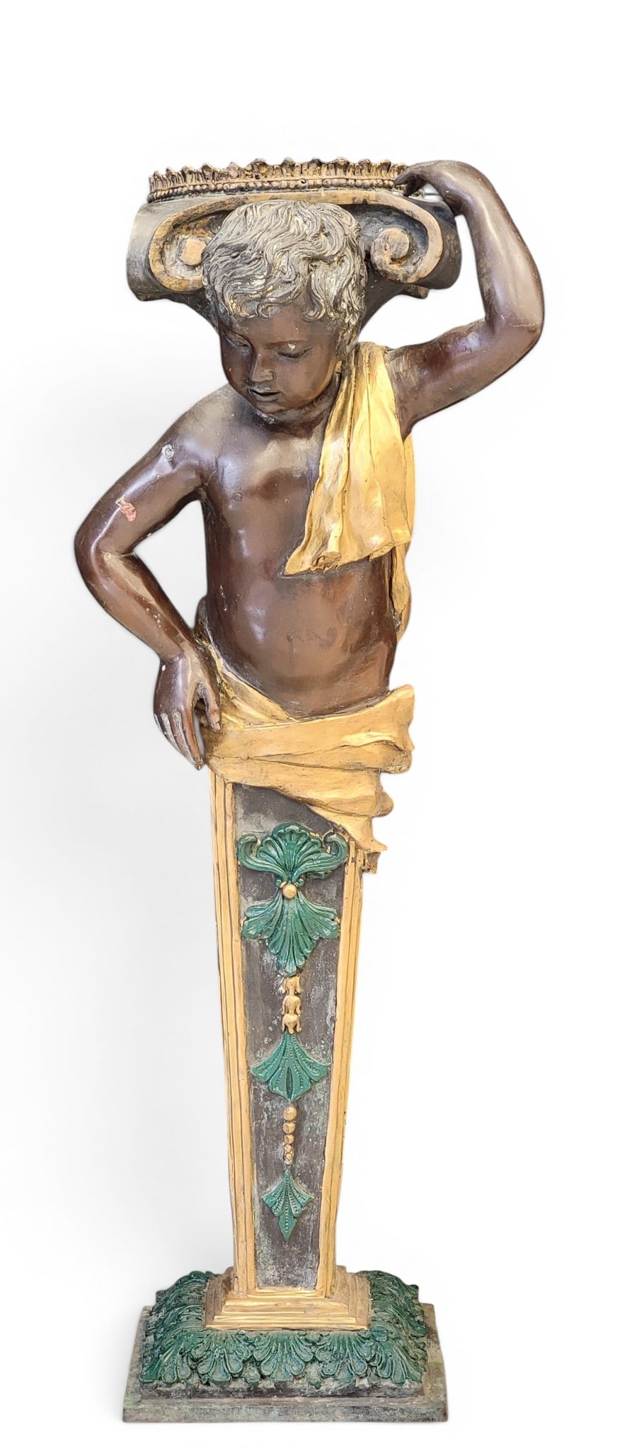 FIGURAL BRONZE PLANT STAND: Late 19th century, cold-painted bronze. Child's torso holding a classical column topped with plant holder. 41" high, circular plant holder is 8.75" diameter. Provenance: a northeast Ohio collection.