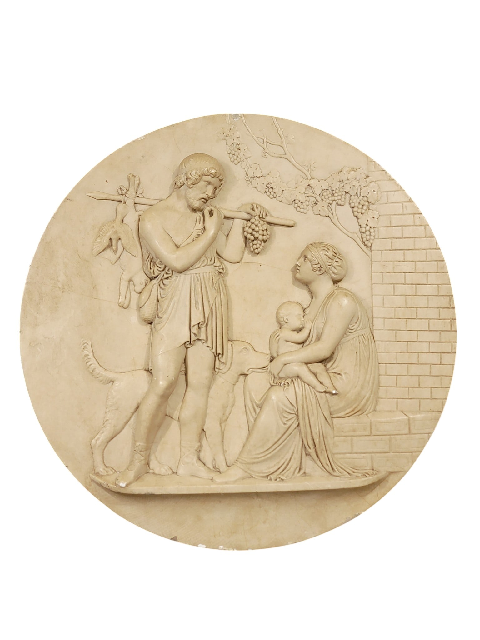 CLASSICAL PLAQUE: European, early 20th century, cast plaster. "Autumn (Manhood)" from the "Four Seasons" series (1836) by Bertel Thorvaldsen (1770-1844), in an Art Deco style. 29" diameter. NOTE: We are happy to