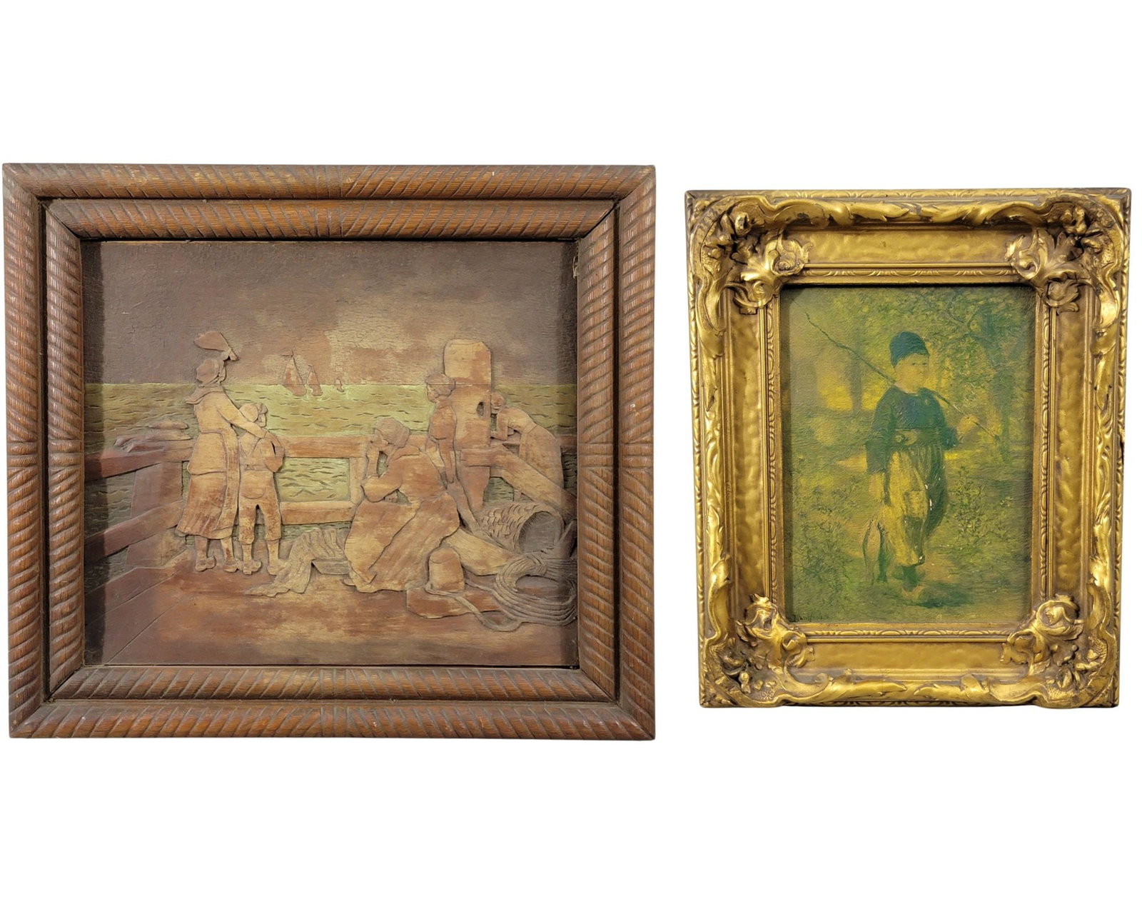 EUROPEAN PLAQUE AND PRINT: Early 20th century. Includes a Dutch relief-carved plaque depicting a harbor scene, 16.75" high, 19" wide (overall); together with a textured print of a boy after an original painting, 12" high,