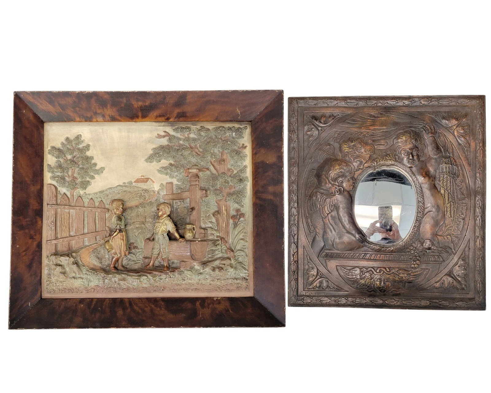 TWO POTTERY PLAQUES: European, 19th-20th century. Includes a deep relief scenic plaque in buff-colored clay by Johann Maresch (1821-1914), and with polychrome glaze, in its original frame, 12.5" high, 14" wide (overall);