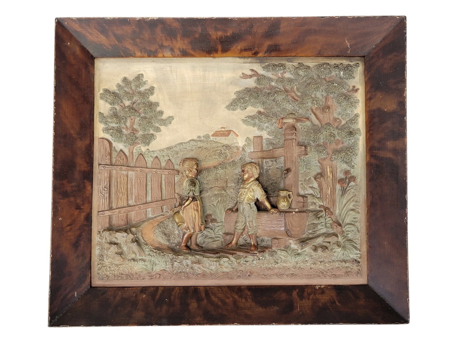 TWO POTTERY PLAQUES: European, 19th-20th century. Includes a deep relief scenic plaque in buff-colored clay by Johann Maresch (1821-1914), and with polychrome glaze, in its original frame, 12.5" high, 14" wide (overall); 