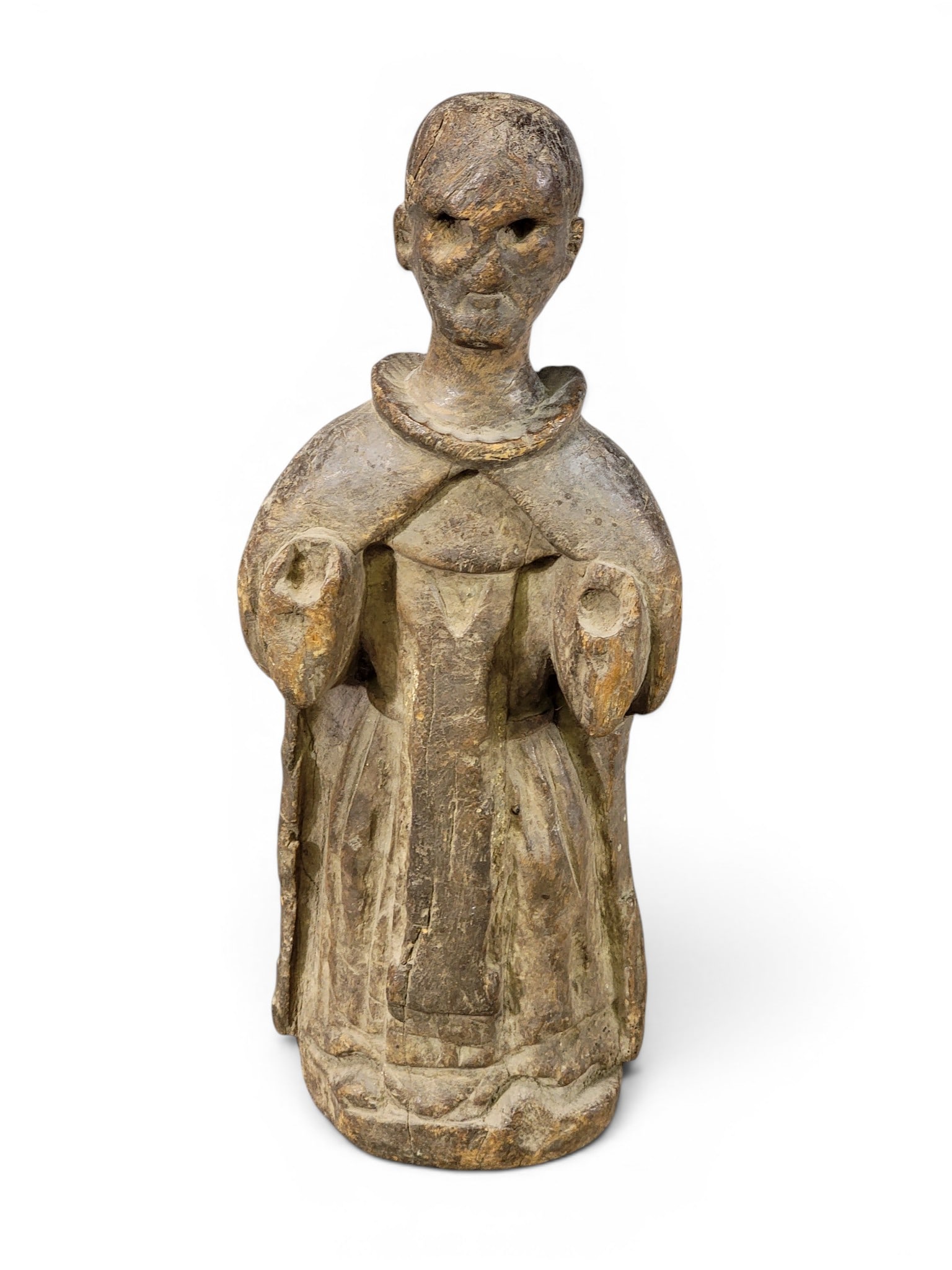 PEWTER EWER AND CARVED FIGURE: 19th century. Includes a small ewer/pitcher, probably Austro-Hungarian, 9.75" high; together with a santos-style carved figure, 11.75" high. Provenance: a northeast Ohio collection. NOTE: We are
