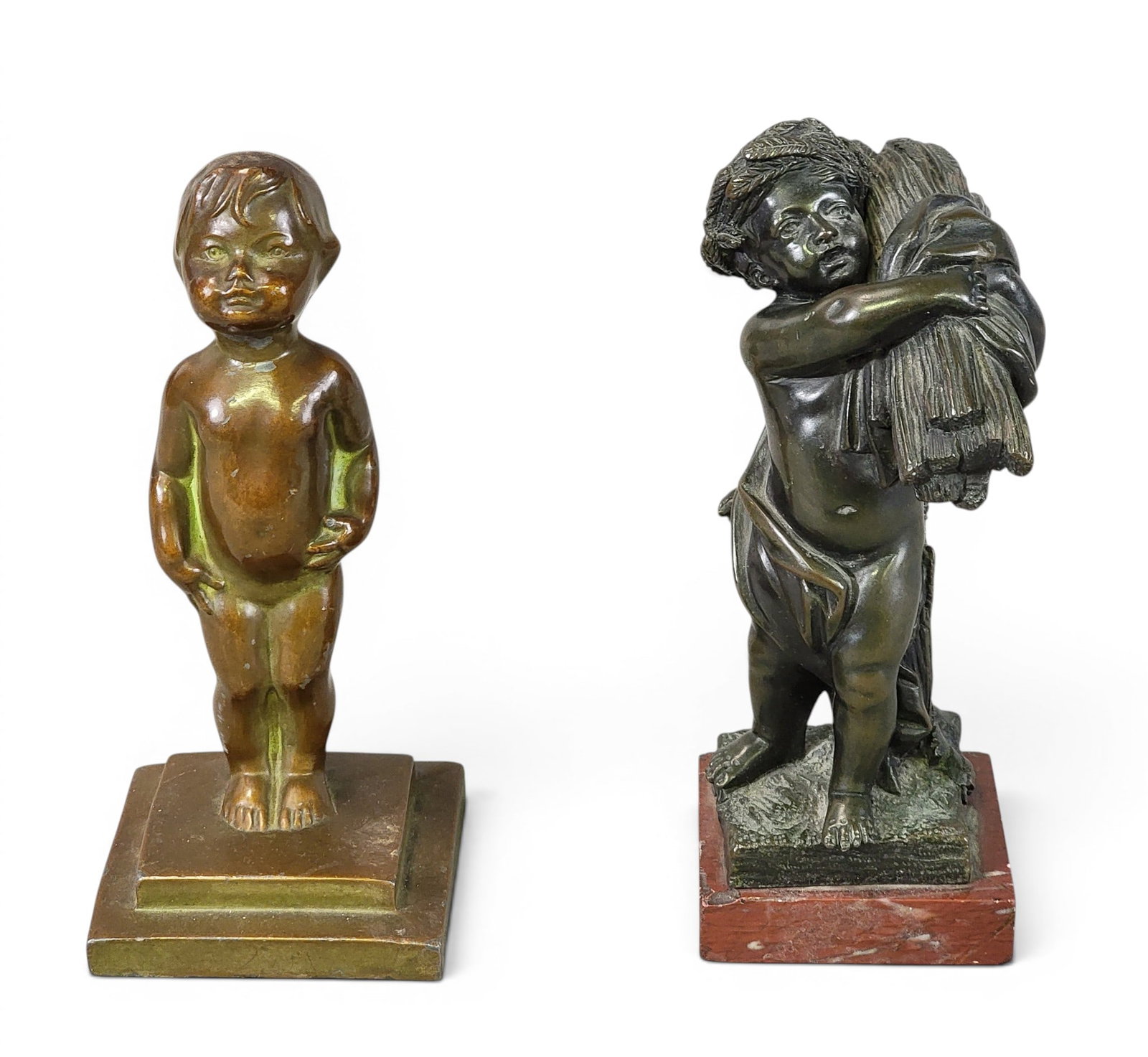 TWO BRONZE SCULPTURES OF CHILDREN: Includes Louis Hibbard Wilder (b. 1898), standing child, 1929, 7.5" high; together with a child holding wheat after Michel Claude Clodion (1738-1814), 8" high. Provenance: a northeast Ohio