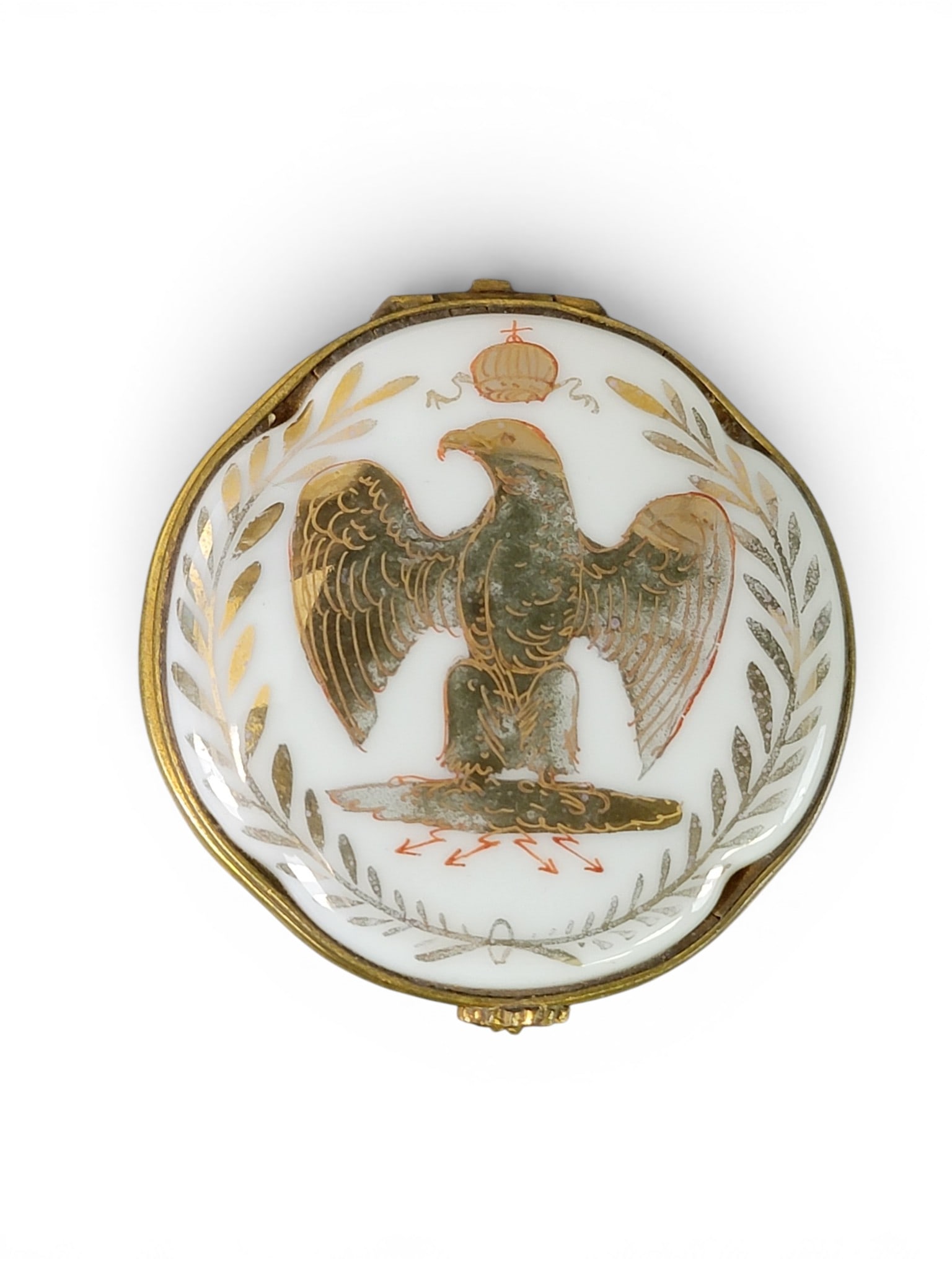 COLLECTION OF FRENCH ENAMELED BOXES: Limoges, 20th century. Includes two pigs, an Art Deco man and woman, and a gilt box with Napoleonic eagle and bees. Tallest is 3.75" high. Provenance: a northeast Ohio collection. NOTE: We are happy