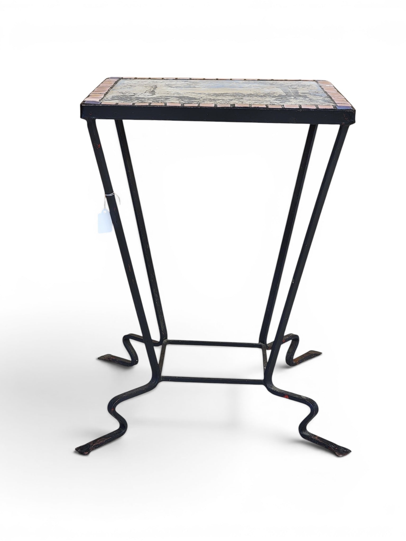 ARTS & CRAFTS TILE-TOP TABLE: Possibly California, 1st half-20th century. Iron table, the top with tile depicting sequoias or redwoods. 19.25" high, 14" square. Provenance: a Pennsylvania collection. NOTE: We are happy to answer
