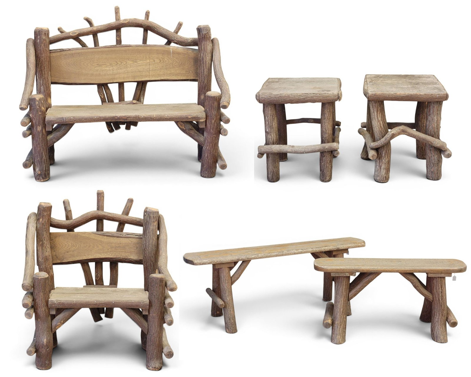 LODGE-STYLE SEATING SET: 2nd half-20th century. Includes settee, armchair, pair of side tables, and a pair of benches. Settee is 55" long. Provenance: a Pennsylvania collection. NOTE: We are happy to answer questions and