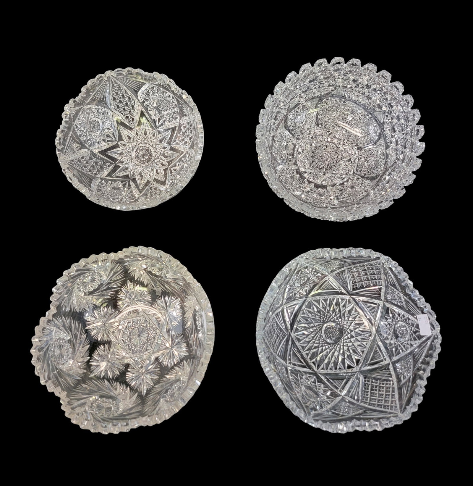 FOUR CUT GLASS BOWLS: American Brilliant Period or shortly thereafter. 7" to 8" diameter. Provenance: a northeast Ohio collection. NOTE: We are happy to answer questions and take additional photos of lots prior to the