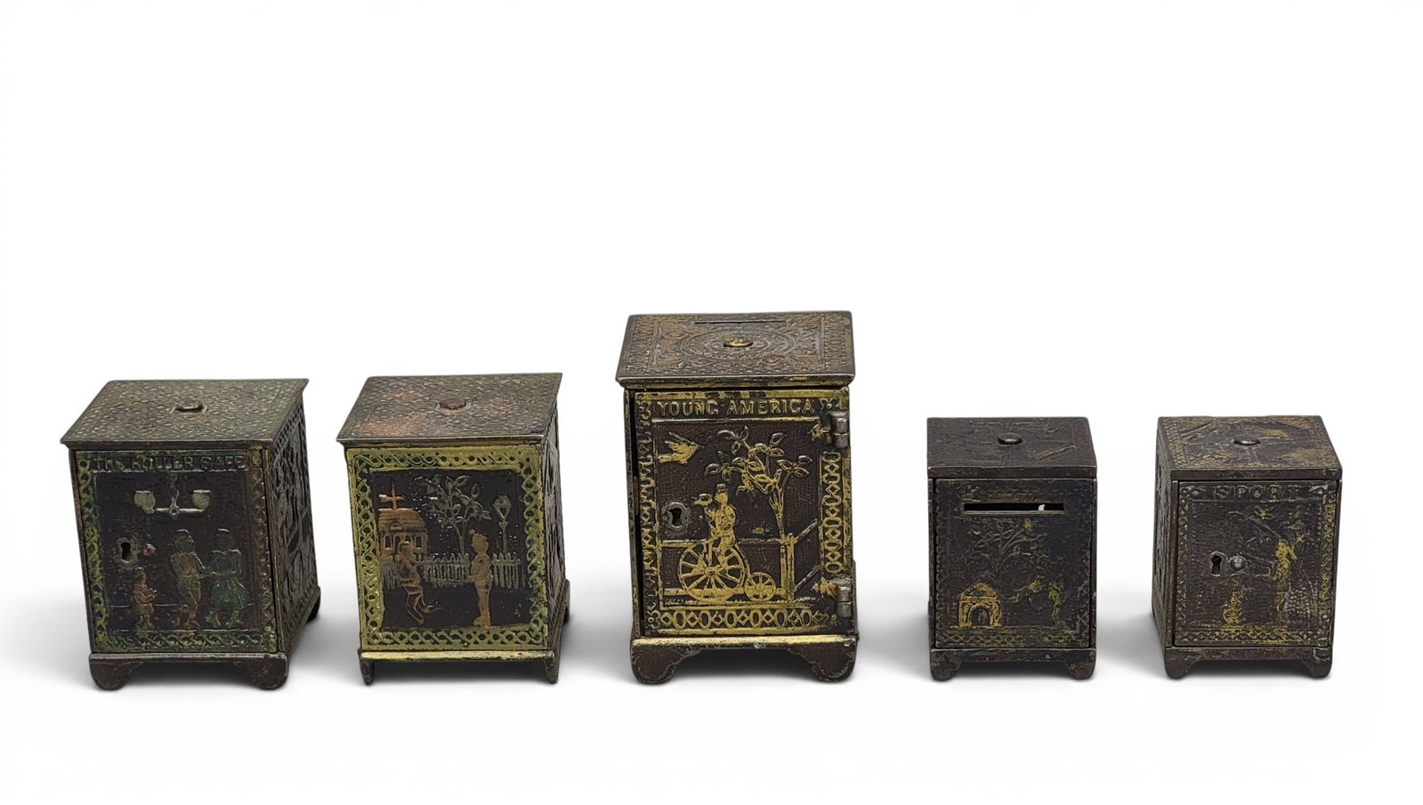 FIVE CAST IRON SAFE BANKS (1 of 6)